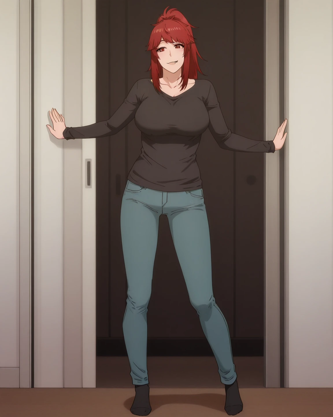 masterpiece,best quality,amazing quality,1girl, <lora:ControlJesseIllustrious:1>,controljess1,solo,standing,full body,hands on hips,leather jacket,shirt,jeans,black footwear,red hair,ponytail,indoors,facing viewer,happy,:d