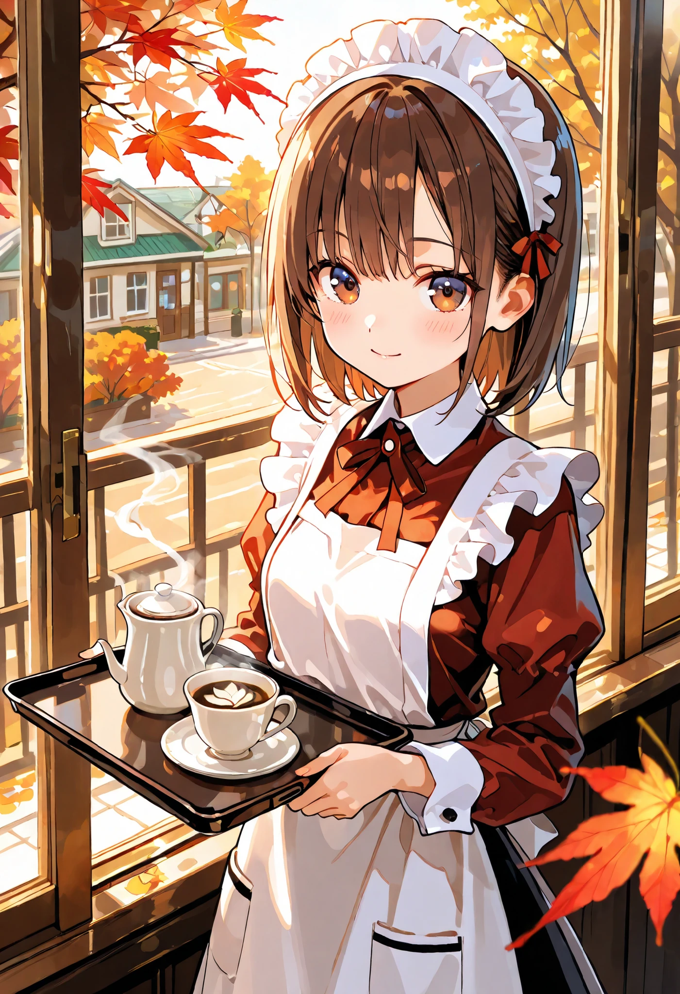 waitress girl, the waiter's uniform , in a cafe, in a cafe много растений, autumn street window, autumn, autumn leaves, holding a tray of coffee, smoke, warm palette