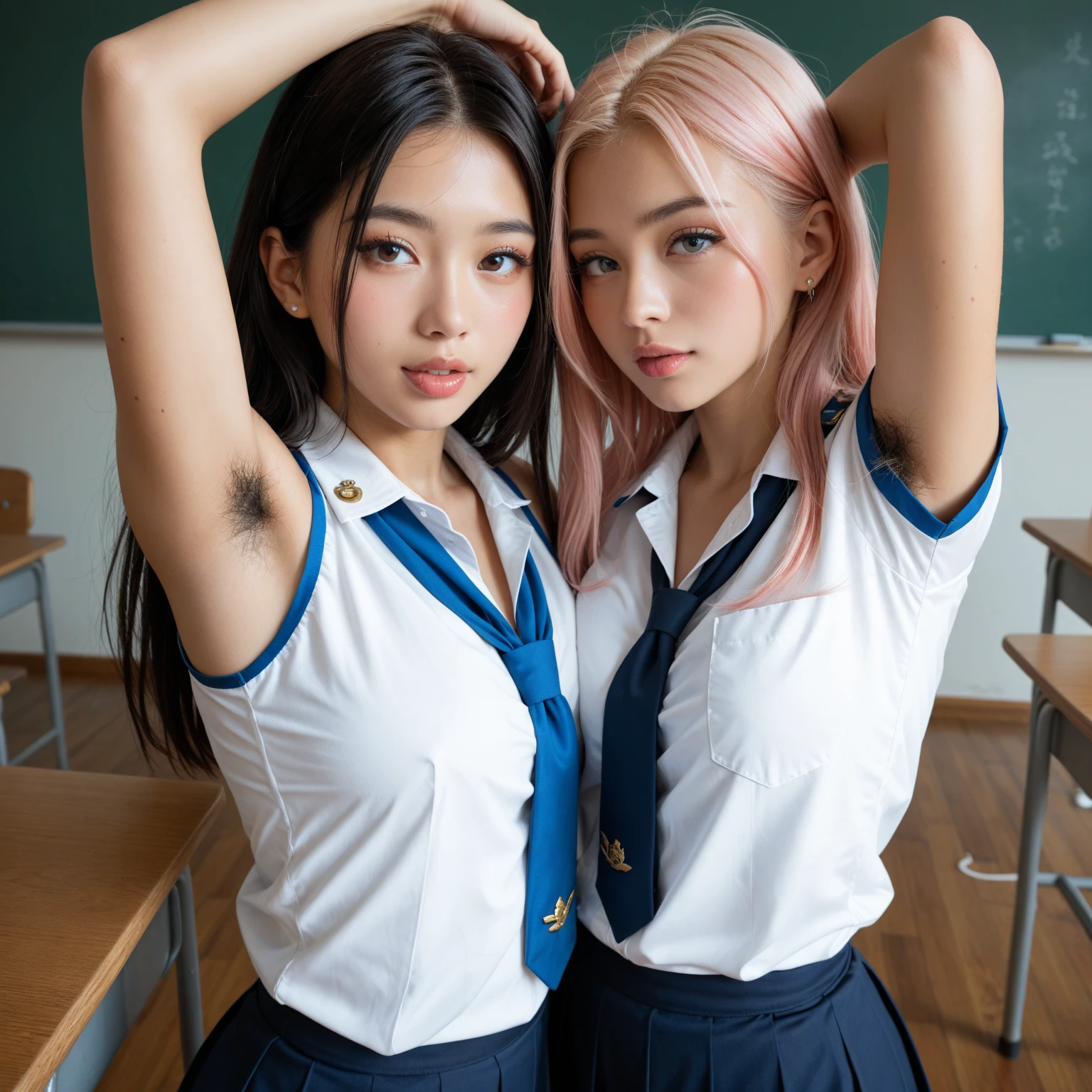 を履いたTwo peopleの女子高生:1.7,((Two people high school girl:2)),((Two people)),Dynamic Angle, Perfect body, night,moonlight,Exterior lights,Gal, (Anatomically correct),masterpiece, Highest quality, RAW Photos, Realistic, face,, Beautiful girls, cute, Written boundary depth, High resolution, Super detailed, detailed, ighly detailedd, Extremely detailed eye and realistic student, Pale, tanned skin,Two peopleで,woman,(), (Short-sleeved sailor uniform:1.4),Spread your  Hips, ((Sensual;1.5)), Glamour, Big Breasts,Sunburn marks on tanned skin,Pink Hair,blonde,Platinum Hair,Brown Hair,orange,Wavy Hair,Shortcuts,Pixie Cut,Cosplay,building,intersection,stage,Pedestrian bridge,vending machine,night,深night,Blurred Background:1.2,White ,Pink ,Yellow ,Black ,GirlTwo people,Two people high school girl,