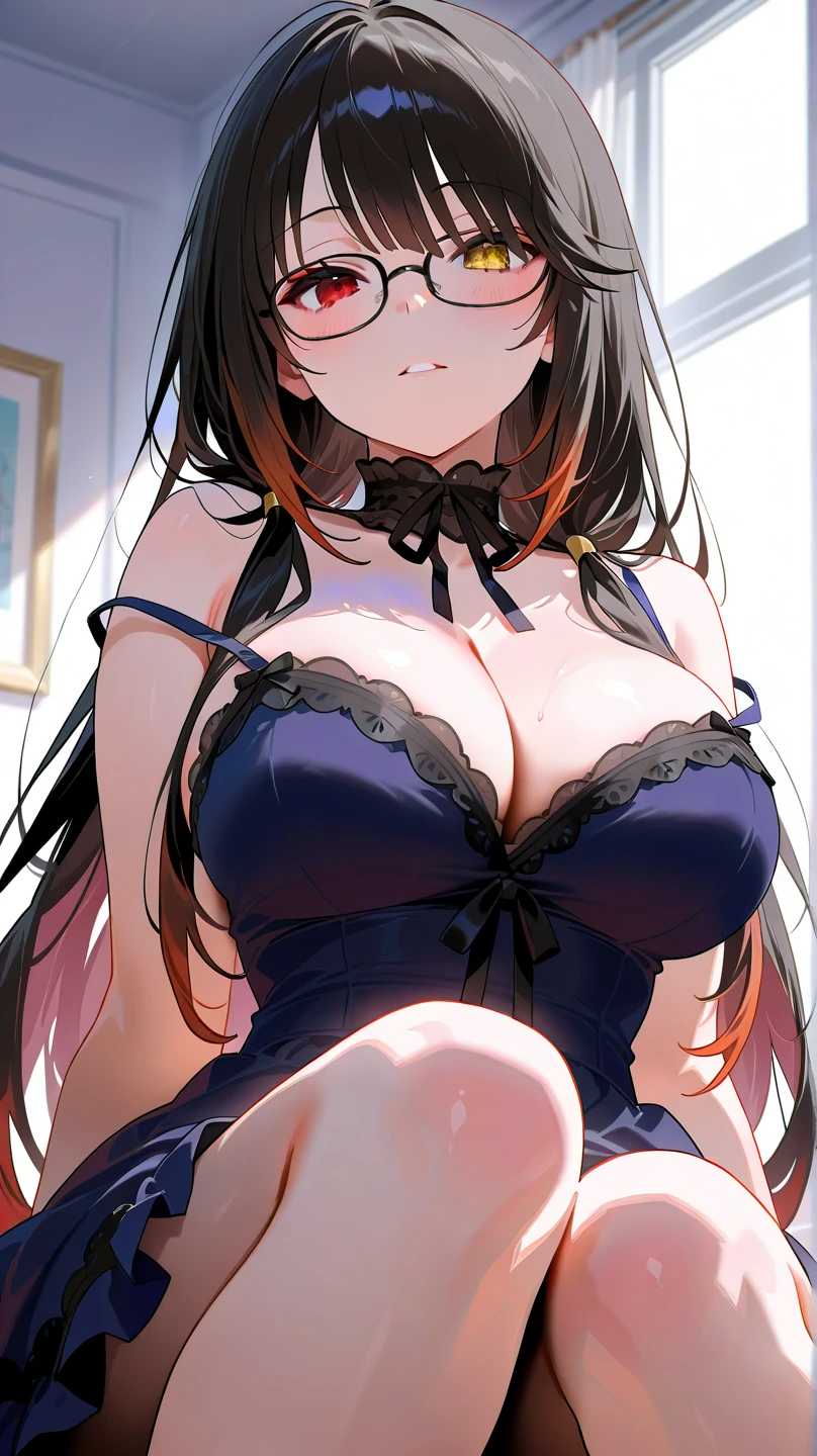 great masterpiece、Super delicate、1girl in、Maids、in one's underwear only、Dark blue lingerie、a necklace、large full breasts、all-fours、to close range、proximity、Kamimei、Looking up at me、red blush、Embarrassing、Troubled face、