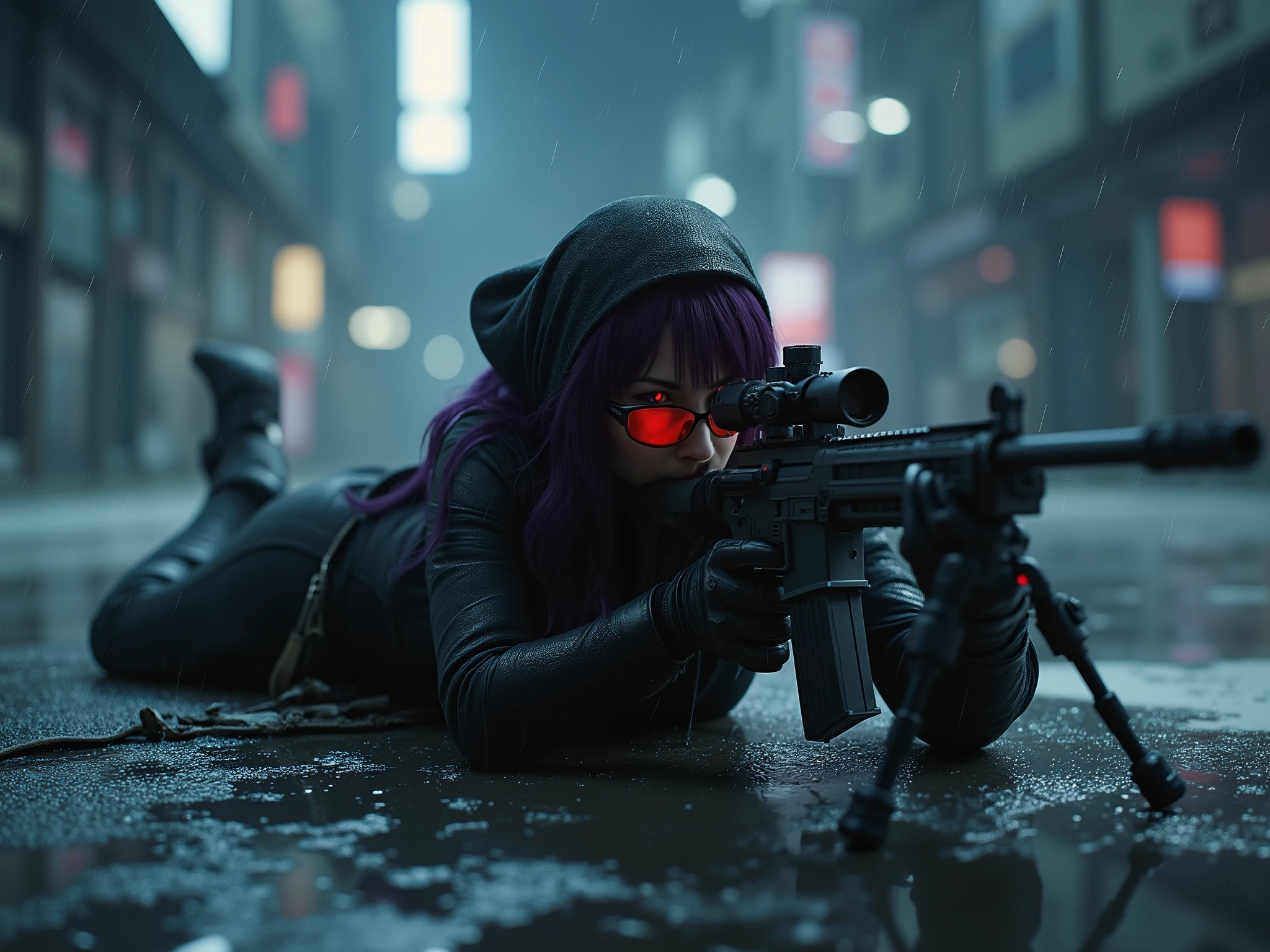 Female Sniper Android Assassin, Midnight 、An urban area with no cars or people under lockdown,Where violent explosions and white smoke can creep in here and there,Aim calmly, (Highest Quality,4K,8k,high resolution,masterpiece:1.2),super detailed,(Realistic,photoRealistic,photo-Realistic:1.37),dramatic lighting, gloomy atmosphere, dramatic pose, A terribly large and powerful machine gun with a stand placed on the ground, extremely tight matte black cyberpunk suit, Equipment on the waist belt,Gloved hands, Dark City, Cyberpunk Cityscapes, Moonlit Sky, rain, Dramatic Shadows,beautiful style,Thin Waist,dark purple long hair, lying on the ground and looking through the scope,special mission specialist,sense of urgency,Beautifully shaped sunglasses that glow red,professional,Motoko Kusanagi,Rifle and body are in line,Put your feet on the ground