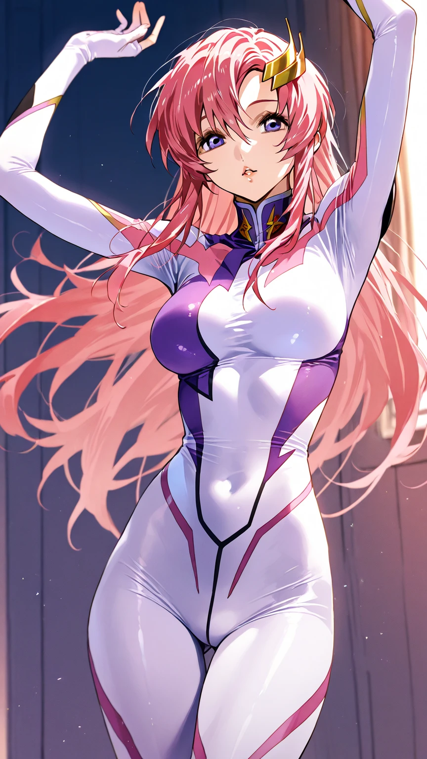 (masterpiece)、（best image quality）、（Super detailed）、（very detailed）、4k、（8K）、best image quality、（beautiful）、
more campbell, 1 girl, star hair ornaments, hair ornaments, pink hair, long hair, gloves, Leotard Purple leotard, white leotard, ((leotard that bites))、wet leotard､股間にleotard that bites､super ???????、??????､(((transparent ?????)))､thick thighs、wet skin､light smile､noise removal､((put your hands behind your head))､Emphasize the ??????､????? strengthening､stage､perfect lighting､squat､pole dance､barefoot､?????? excitement､frontで近くからのアングル､from before､front､beautiful手