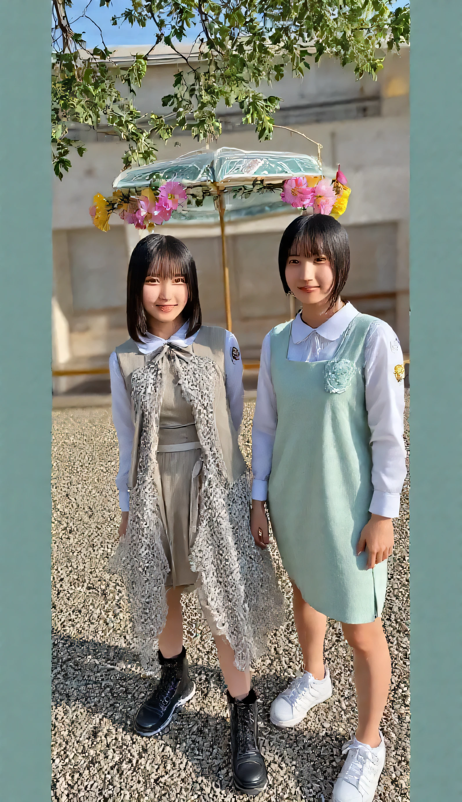 high resolution photo of two young Japanese women in stylish summer dresses, photo of them hugging each other in a friendly manner, photorealistic