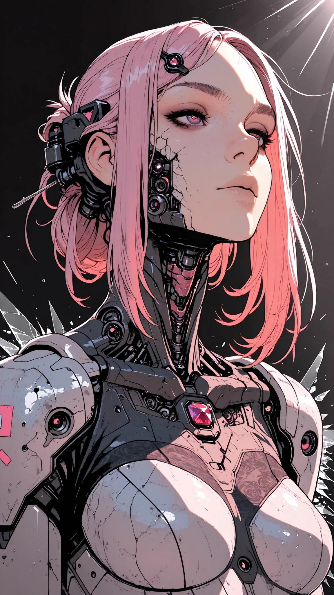 HDR, 8K, masterpiece, best quality, amazing quality, very aesthetic, realistic, newest, volumetric lighting, (flat colors:0.7), (artist:incase:0.3), (artist:tsuaii:0.3),Sinozick_illu, in the style of cksc, rating_explicit, 8k portrait of beautiful (cyborg) with pink hair, mecha musume scifi body suit, pauldrons, intricate, elegant, highly detailed, majestic, digital photography, art by artgerm and ruan jia and greg rutkowski surreal painting reflective, hairpin jewel, broken glass, (masterpiece, sidelighting, finely detailed beautiful eyes: 1.2), hdr,