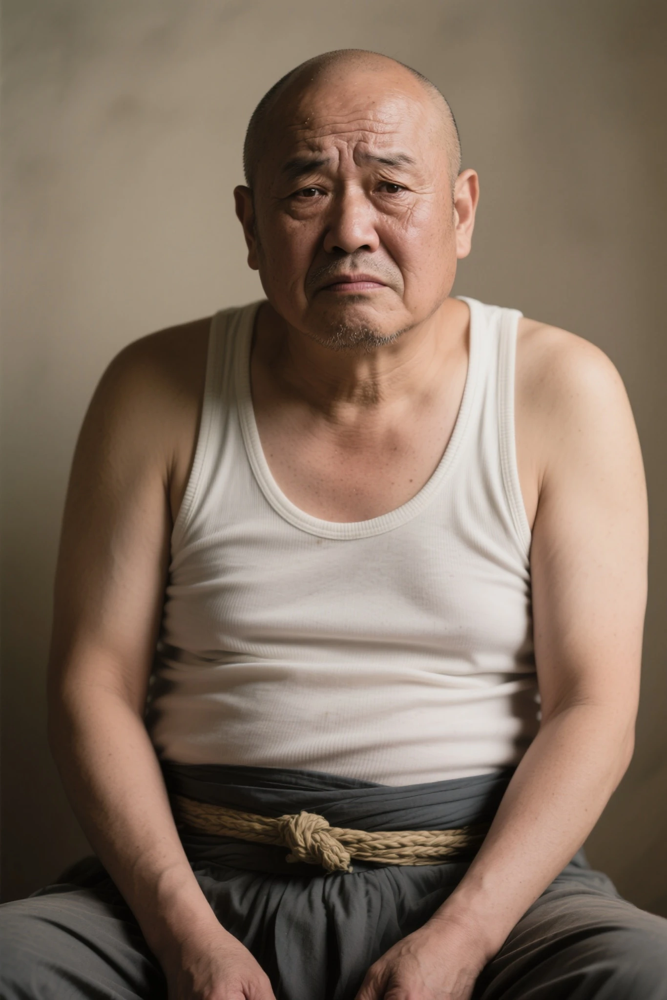 Middle-aged man in his 50s with thick Japan, 1man, little man, waddle, Stand up, squat down, shrug your shoulders and look down., Keep your hands in front of you, Hands between legs, , short-haired, Wearing a white belt of sumo, white briefs, Yellow shorts, toppless,  legs, Shy, tearful, sob, Bowleg, There is a puddle at his feet, Pastel colored rooms, Side view, a picture, high detail photo, masutepiece