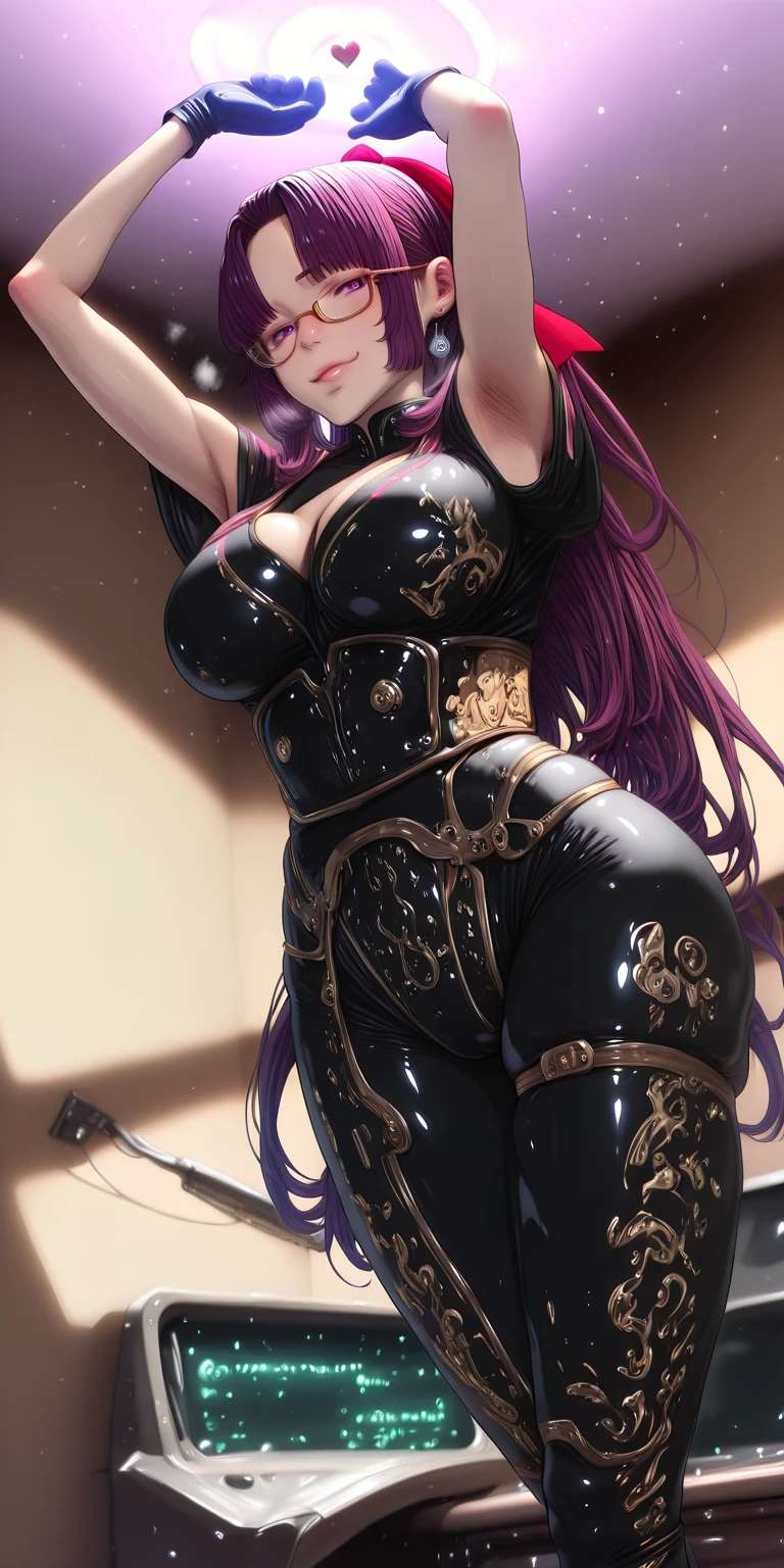 Hgk, (yoshio_(55level)-style:1.2), (imizu_(nitro_unknown)-style:1.4), (packge-style:1.2), (mana_(remana)-style:1.2), vignetting, ((anatomical correct)), ((Cinematic, unreal engine, eye-catching, ambient occlusion, UHD, masterpiece)), ((perfect lighting)), perfect body, perfect eyes, perfect fingers, gasping, heavy breathing, gasping profusely, ((skindentation)), ((curvy)), SHIKOKU_(MATO_SEIHEI_NO_SLAVE), purple hair, purple eyes, slit pupils, long hair, hair bow, red bow, parted bangs, ribbon trim, half updo hair, bangs_pinned_back, straight hair, ((medium breasts)), plump, (voluptuous:1.5), (mature female:1.5), lips, 1girl, breasts, solo, glasses, heart, bodysuit, armpits, earrings, jewelry, looking_at_viewer, arms_up, gloves, smug, lips