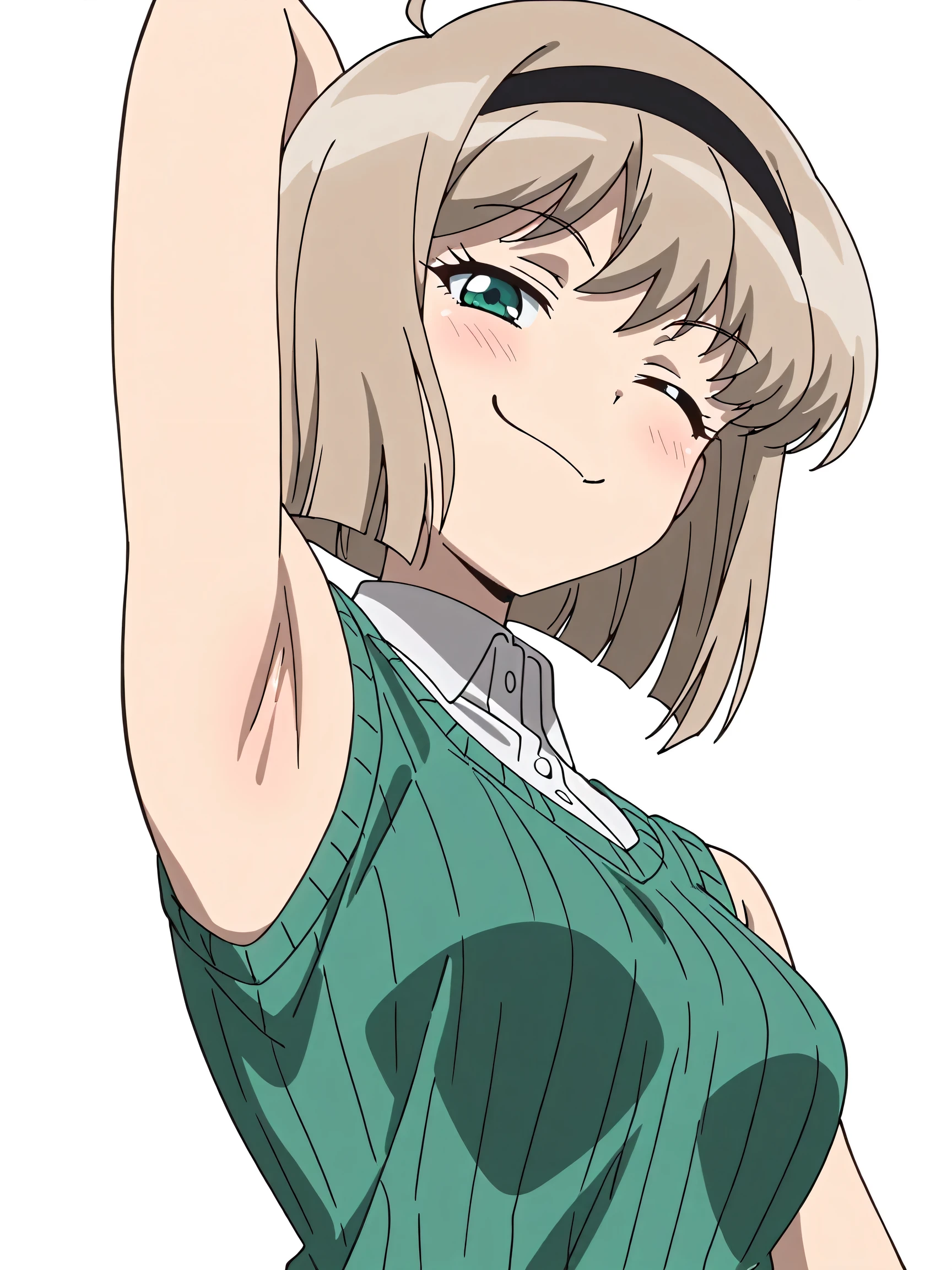 masterpiece, best quality, amazing quality, anime screencap, anime coloring, 1girl, solo, Miki H25, light brown hair, short hair,bangs, green eyes, black hairband, medium breast, slim waist, green striped sweater, sleeveless sweater, ribbed sweater, ribbed, white collar, arm behind head, armpit, armpit focus, head towards viewer, looking at viewer, evil smile, smug, half-closed eyes, closed mouth, from side, from below, white background, simple background, (wink:1.2)