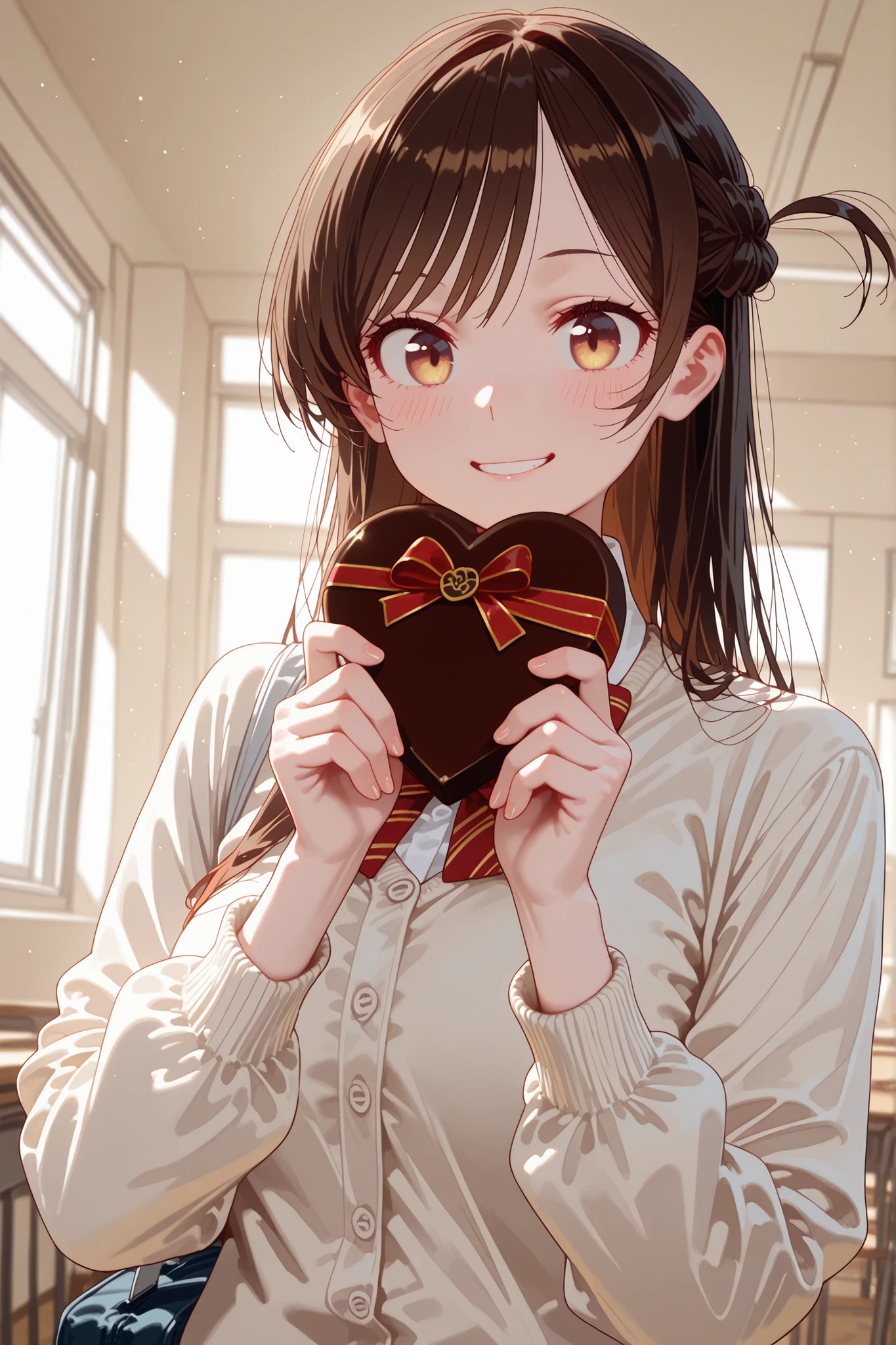 (brown and light yellow gradation iris eyes:1.4),Tiny Head:1.3,(tareme:1.2),(crose-set eyes:1.7),grin:1.3,(Photo Real:1.3),Mizuhara Chizuru,(school shirt:1.3),(Beige school Cardigan open:1.5),(Moose Sleeve:1),showing me heart-shaped mini chocolates,Fortune chocolate,money-shaped chocolate／star-shaped chocolate,School bag,happy,brown hair:1.3