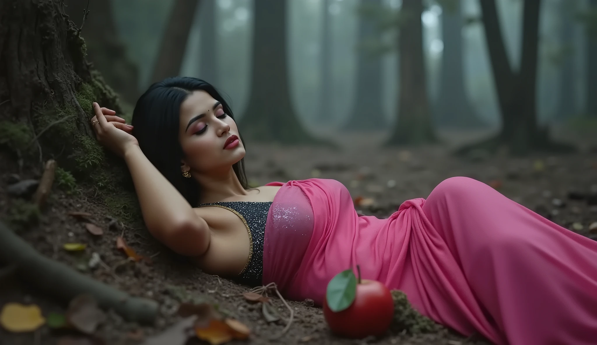 Full hd image of a indian 25 years old girl wearing pink shimmer saree black shimmer half sleeves torn blouse sleeping in the scary forest and there are one apple next to her