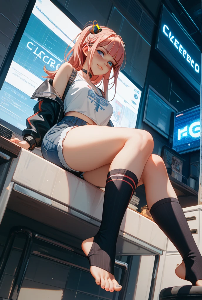 (8K, Highest quality, Highest quality, masterpiece), sit on the floor, (denim hot micro shorts), (vulva peek), ???????????, ((??????????? 1:2)), nm1, headphones around neck, long sleeves, blue cardigan, pantyhose, (fullbody), smile, school uniform, open jacket