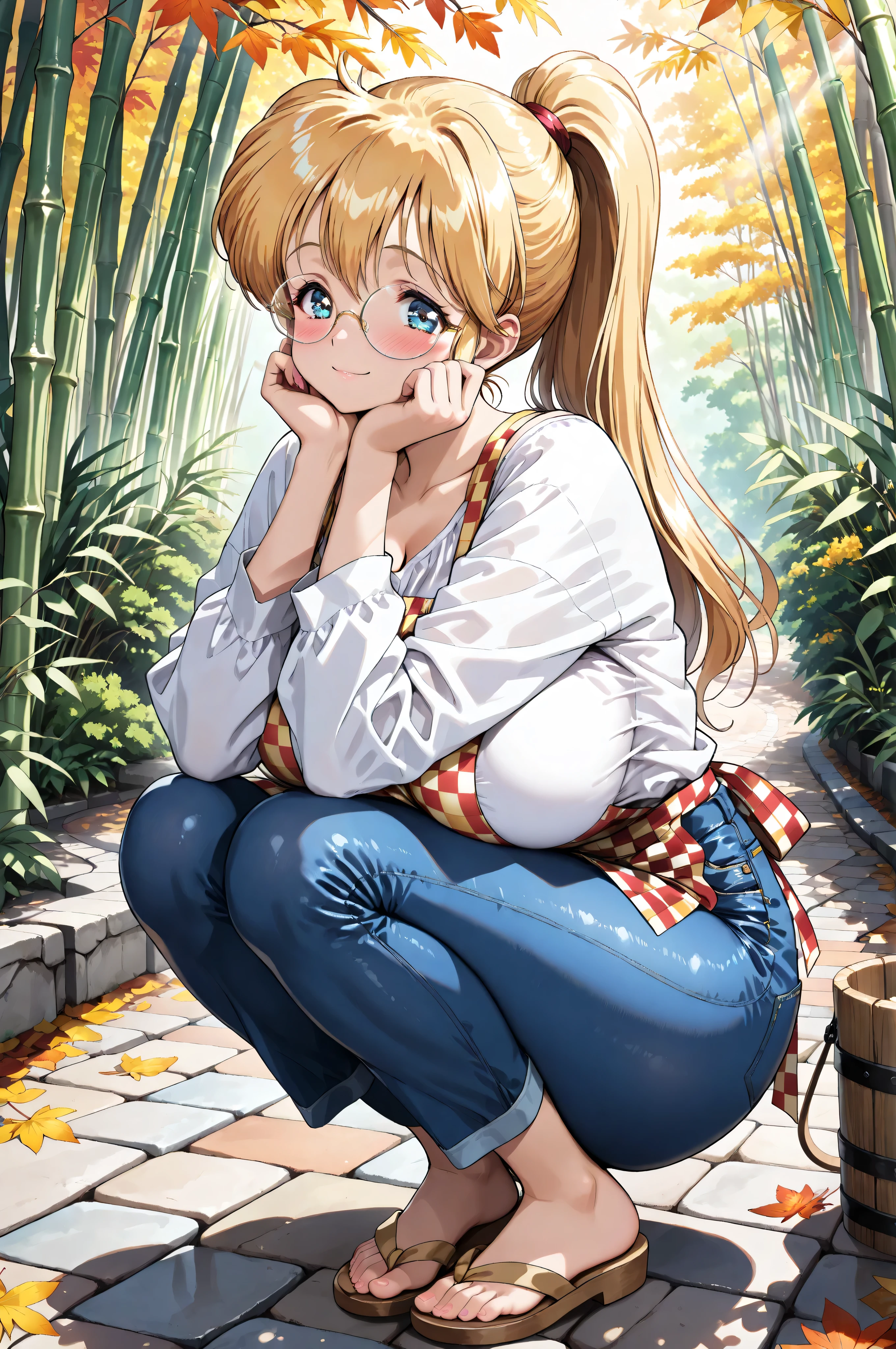 (masterpiece, best quality:1.4), Sensei Luna, runa, 
anime style illustration, blonde long hair in a ponytail, shiny hair, 
blue detailed eyes, round glasses, gentle smile, blushing cheeks, 
extremely large, soft, round, anime-style breasts, exaggerated size, 
emphasized chest shape, tight fabric stretched over chest, 
wearing a white blouse with loose sleeves, yellow checkered apron tied at the waist, 
tight blue jeans, wooden sandals with dark red straps, 
squatting pose, elbows resting on knees, both hands together under chin, supporting face, 
beautiful hands with five fingers, accurate fingers, natural hand pose, 
bare feet with five toes, realistic toes, 
Japanese garden background, bamboo grove, yellow autumn flowers, 
fallen autumn leaves on stone pavement, wooden bucket beside, 
warm afternoon sunlight, cozy and natural atmosphere