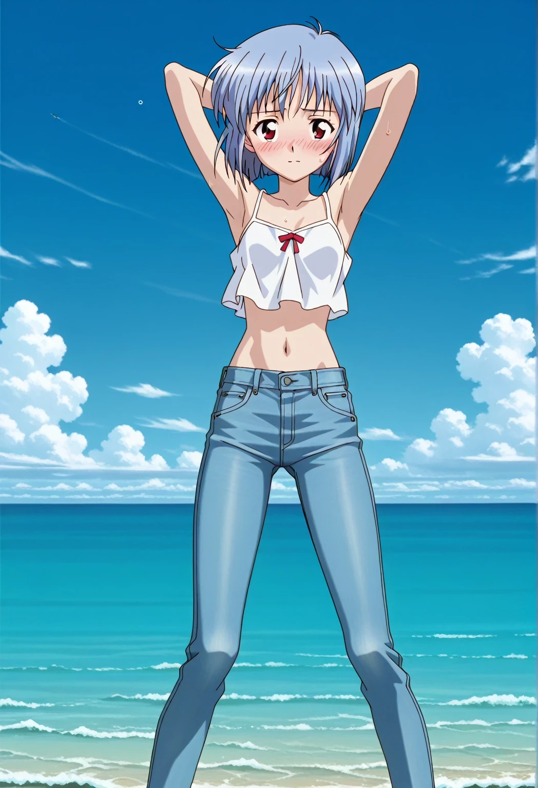 score_9, score_8_up, score_7_up, source_anime, highres, hi res, ((best quality, top quality, perfect quality, Highest Quality, amazing quality)), {{masterpiece}}, {{an extremely delicate and beautiful}}, 2d, intricate details, official style, anime, 8k, anime style, official_anime, official art, digital painting, cell shading, soft shading, high resolution, soothing tones, Subdued Color, Soft cinematic light, adobe lightroom, photolab, HDR, intricately and hyper-detailed, ((high quality animation)), 1 girl, Alone, solo, ((ocean)), tsunami, on the water, day, sunny, outdoors, sky, windy, rei ayanami, blue hair, short hair, red eyes, anime screencap, small breasts, white camisole top, crop top, white crop top, best quality, hyper-detailed jeans, ((blue jeans:1.9)), (dark blue jeans:0.6), full medium body, medium shot, clothed mouth, blush, sweat, standing, ((arms behind head:6.0)), bowlegged, jumping pose, action, looking at viewer, spread legs, Bend knees slightly, straight-on front view