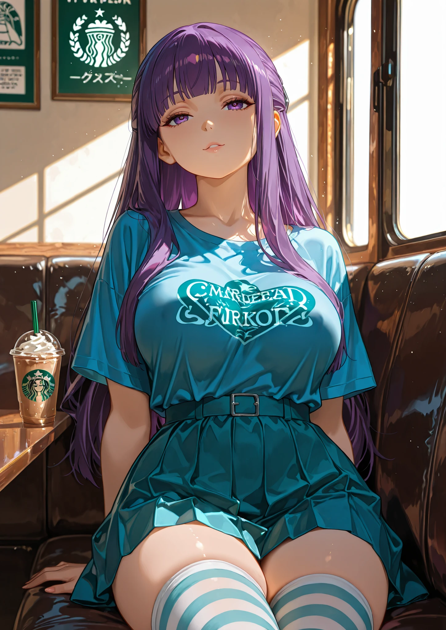 1girl, solo, fern, sousou no frieren, oversized azure t-shirt, plated skirt, striped thigh highs, naturally sagging large breasts, sitting in a lounge at Starbucks, seductive, sexy erotic pose, alluring atmosphere, beautiful lighting and shadows,BREAK, masterpiece,top quality,warm color,high resolution,high fashion,absurdres extremely,vivid colors,intricate details,best quality,amazing quality,very aesthetic,newest,ultra-detailed,nsfw,
