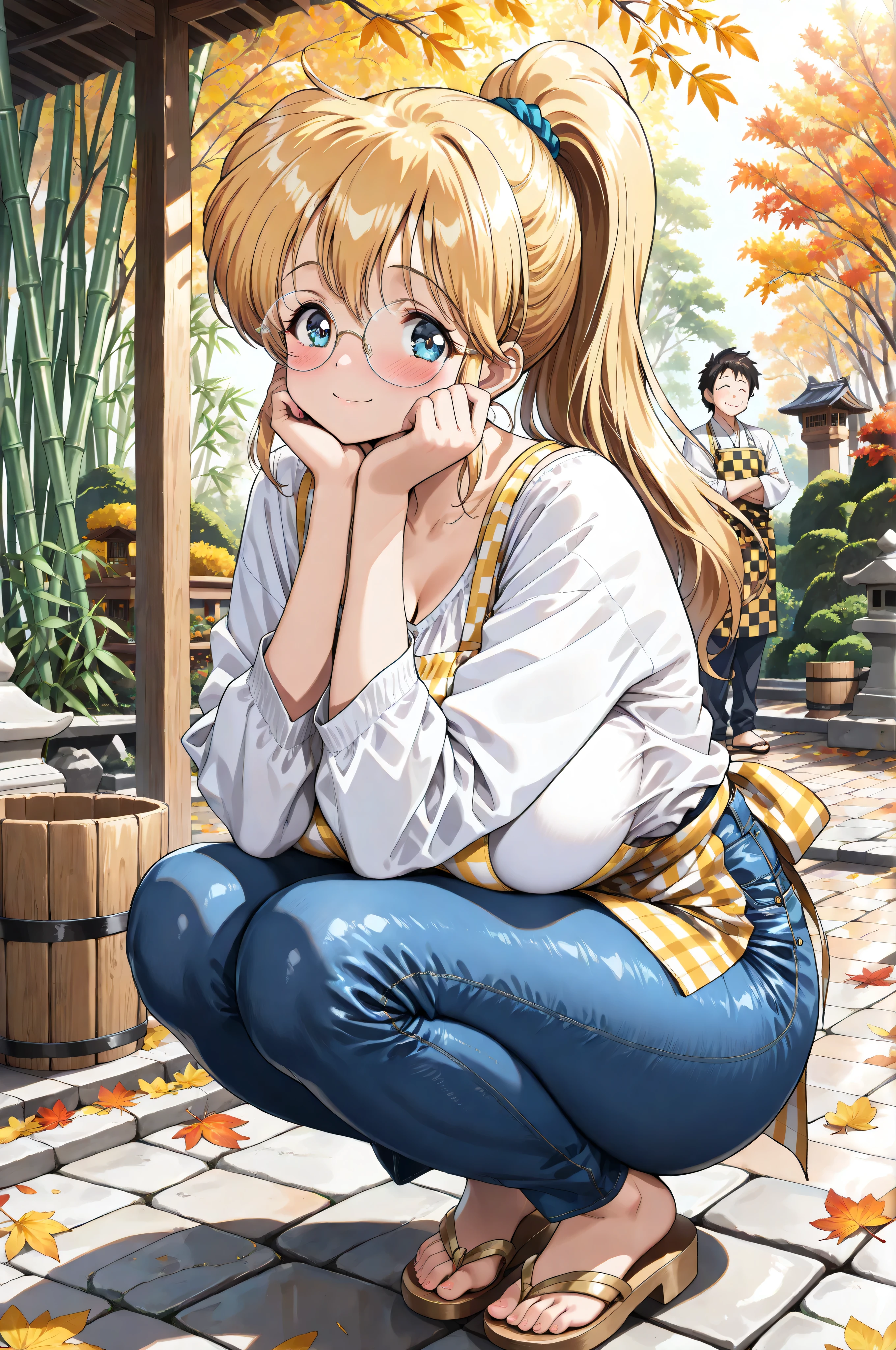 (masterpiece, best quality:1.4), Sensei Luna, runa,
anime style illustration, blonde long hair in a ponytail, shiny hair,
blue detailed eyes, round glasses, gentle smile, blushing cheeks,
extremely large, soft, round, anime-style breasts, exaggerated size,
emphasized chest shape, tight fabric stretched over chest,
wearing a white blouse with loose sleeves, yellow checkered apron tied at the waist,
tight blue jeans, wooden sandals with yellow straps,
squatting pose, elbows resting on knees, both hands together under chin, supporting face,
Japanese garden background, bamboo grove, yellow autumn flowers,
fallen autumn leaves on stone pavement, wooden bucket beside,
warm afternoon sunlight, cozy and natural atmosphere