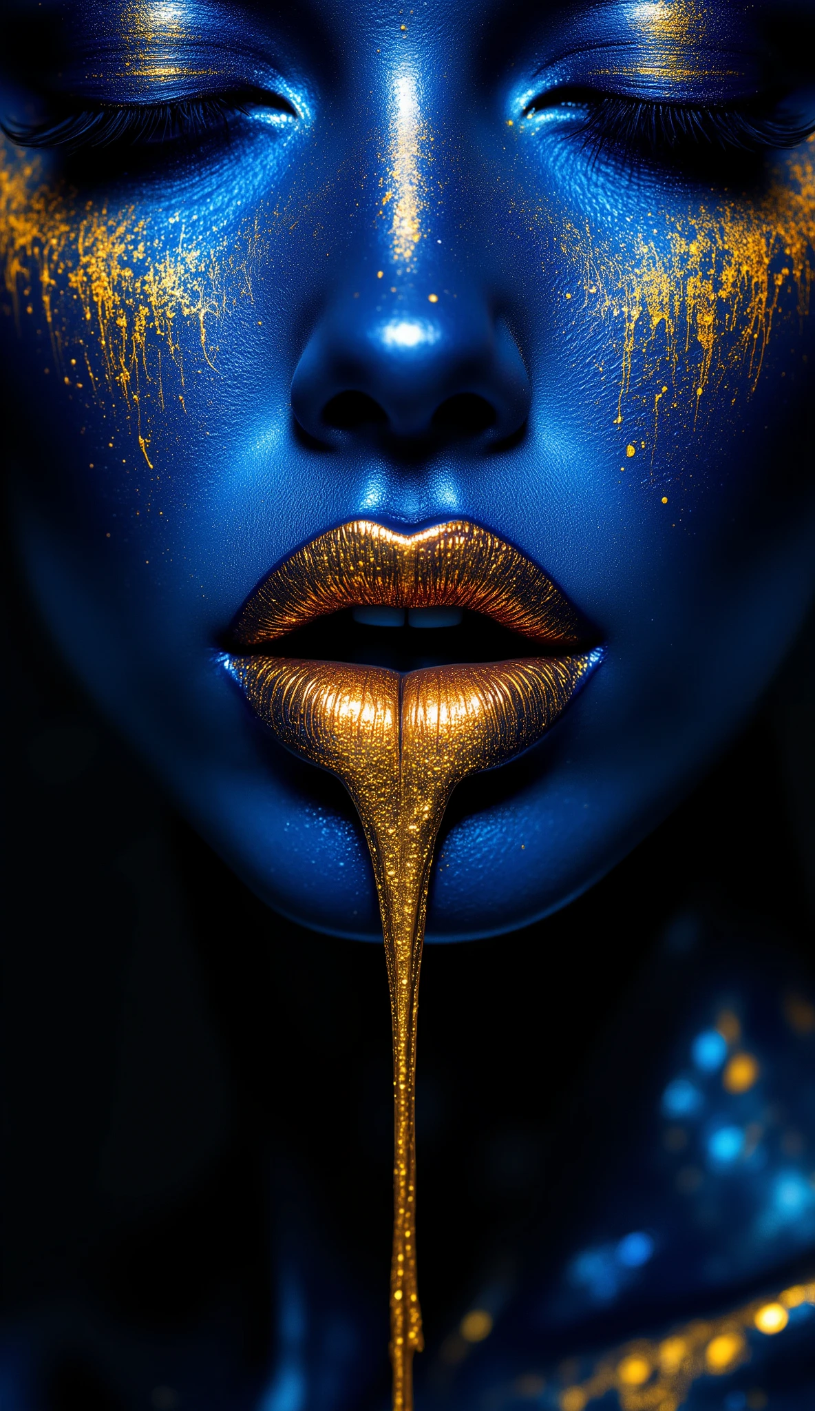 A dramatic close-up beauty shot of metallic gold and blue makeup art. The lips are painted in a metallic gold shimmer with a glossy finish, creating a liquid metal effect. The lips are dripping with the same metallic gold liquid, forming two elongated streams that hang down from the mouth. The skin is painted in a deep electric blue with iridescent qualities, creating a striking contrast with the gold elements. The nose and surrounding area show a gradient effect from deep blue to gold. The eyes are closed, with blue eyeshadow visible. The lighting creates a dramatic effect with highlights and shadows that emphasize the metallic finish of the makeup. The background is dark, making the vibrant blue and gold colors pop. The image has a high-fashion, avant-garde aesthetic with sharp detail and professional studio lighting.