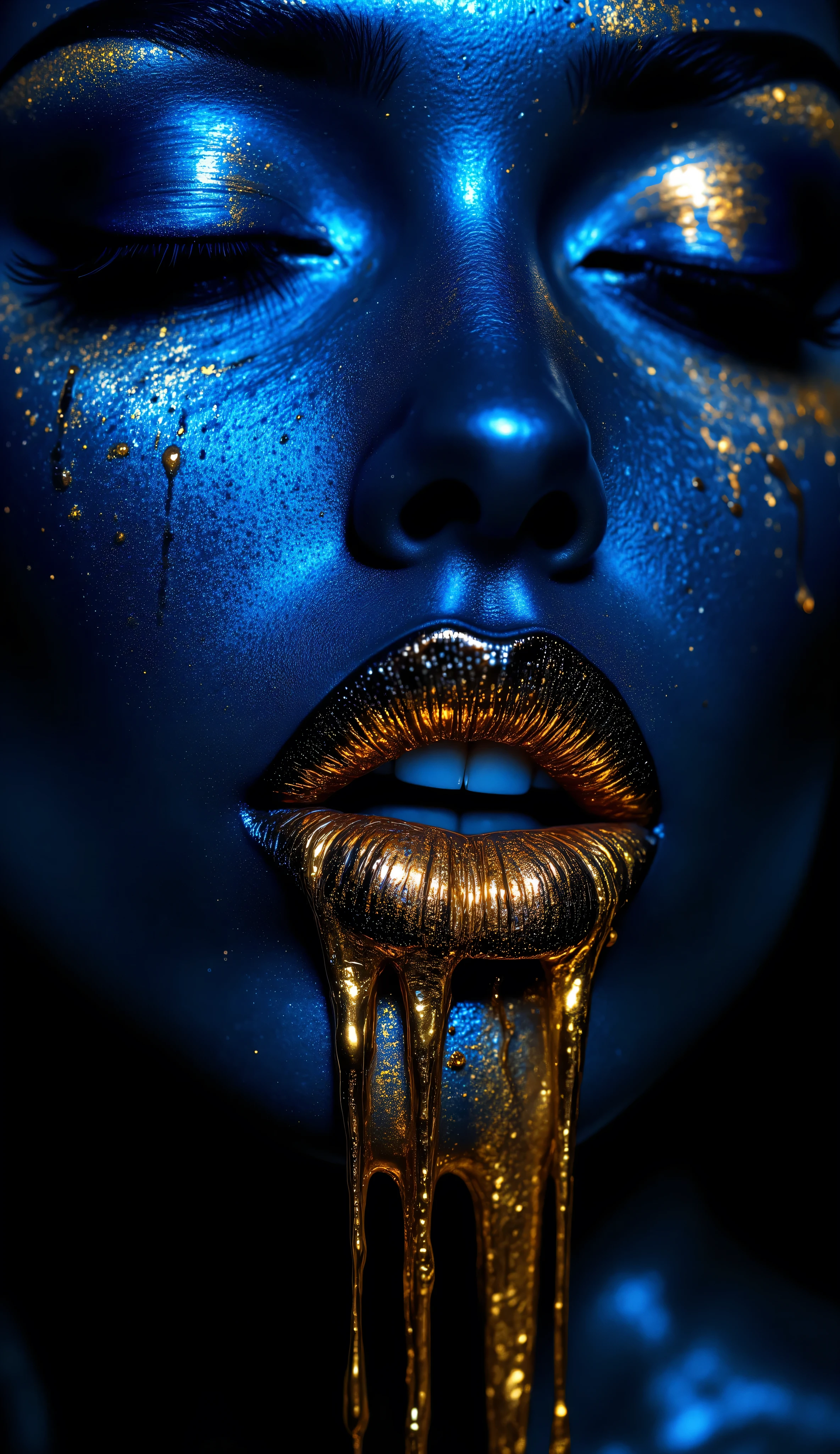 A dramatic close-up beauty shot of metallic gold and blue makeup art. The lips are painted in a metallic gold shimmer with a glossy finish, creating a liquid metal effect. The lips are dripping with the same metallic gold liquid, forming two elongated streams that hang down from the mouth. The skin is painted in a deep electric blue with iridescent qualities, creating a striking contrast with the gold elements. The nose and surrounding area show a gradient effect from deep blue to gold. The eyes are closed, with blue eyeshadow visible. The lighting creates a dramatic effect with highlights and shadows that emphasize the metallic finish of the makeup. The background is dark, making the vibrant blue and gold colors pop. The image has a high-fashion, avant-garde aesthetic with sharp detail and professional studio lighting.