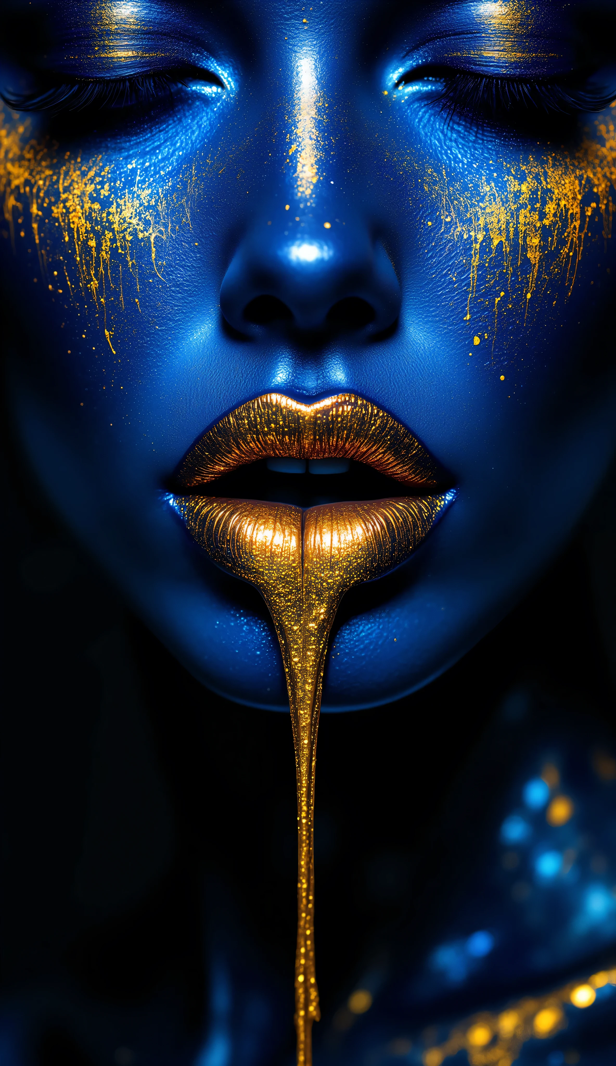 A dramatic close-up beauty shot of metallic gold and blue makeup art. The lips are painted in a metallic gold shimmer with a glossy finish, creating a liquid metal effect. The lips are dripping with the same metallic gold liquid, forming two elongated streams that hang down from the mouth. The skin is painted in a deep electric blue with iridescent qualities, creating a striking contrast with the gold elements. The nose and surrounding area show a gradient effect from deep blue to gold. The eyes are closed, with blue eyeshadow visible. The lighting creates a dramatic effect with highlights and shadows that emphasize the metallic finish of the makeup. The background is dark, making the vibrant blue and gold colors pop. The image has a high-fashion, avant-garde aesthetic with sharp detail and professional studio lighting.