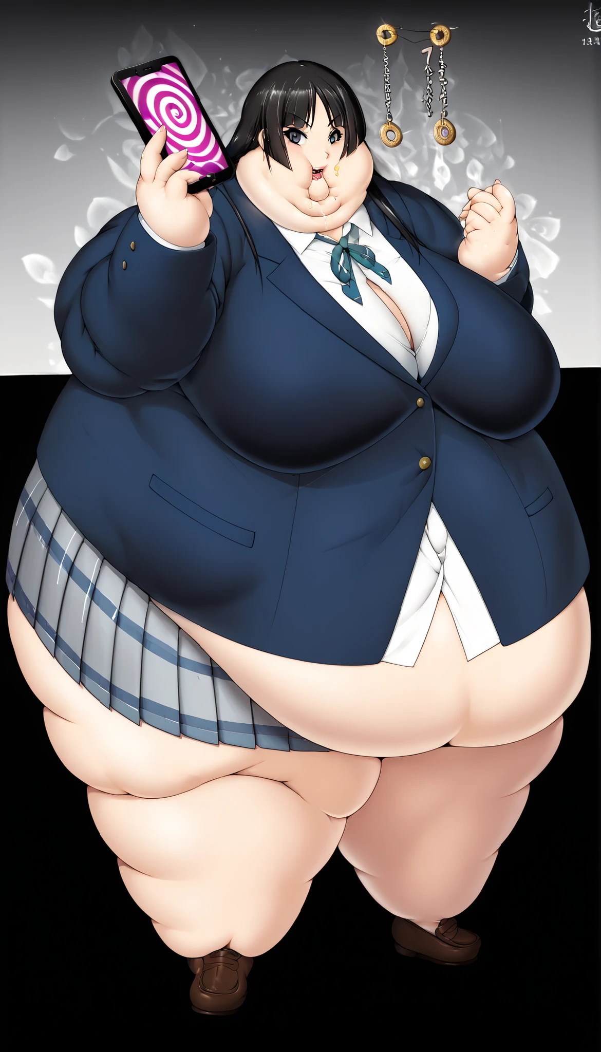 Score 9, Score 8 up, Score 7 up, The evaluation is questionable,
Detailed Background, Glowing Skin,Mio Akiyama, long hair, bangs, black hair, black eyes, Hime cut,
sakuragaoka high school uniform, school uniform, uniform, blazer, shirt, white shirt, collared shirt, skirt, pleated skirt,Big Breasts,hypnosis, man, show smart phone apps to girl, girl under hypnosis, drool, open regs, under wear, best quality, very aesthetic, school uniform, school,school uniform,standing,,large breasts,short of a person,whole body,thin,From before,evening,in the classroom,anime style,high quality,masterpiece,highly detailed, giant hands, giant feet, fat, chubby, obese, gigantic arms and legs, gigantic breasts, sagging breasts, full body shot, fat face, chubby face, double chins, big lips