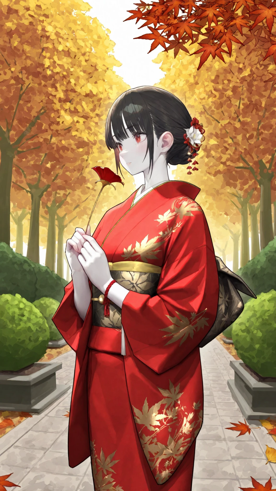 high resolution, Artwork, has been crafted down to the smallest detail, Dignified Woman with Dark Hair,  gorgeous Japanese clothes , Fall Foliage Sando, Gentle Smiles, Beautiful Fingertips, Long, lustrous black hair, Traditional red and gold kimono, Delicately embroidered kimono, Clear White Skin, A gaze that combines strength and elegance, elegant appearance, Delicate Wrist, Garden with fluttering autumn leaves, Autumn Dusk, warm light expression, Beauty that combines tradition and modernity