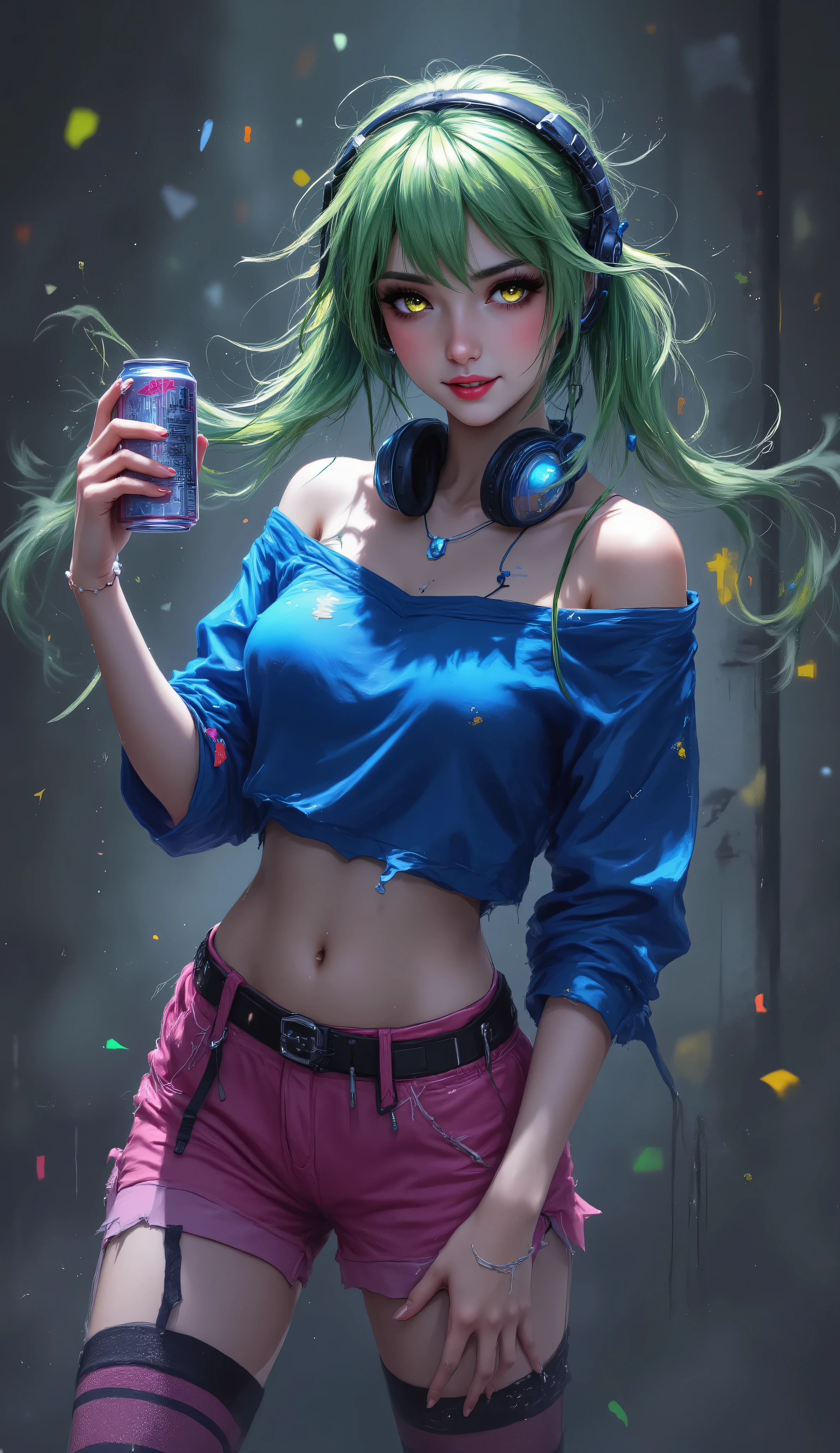 (сINетотень, приглушенные цINета, abstract background, abstract), zuharu, (is the best_качестINо, detailed, шедеINр, very much_aesthetic, absurddress), BREAK 1 деINушка, INерхний_body, INзрослый, abstract background, BREAK headphones_INокруг_neck, headphones, пахоINая область, cuffs up to the waists, smile, shorts, can, navel, INолосы_ornament, short_shorts, yellow_eyes, INыключенный-shoulder_shirt, дINухINостые, striped, жиINот, cut off_INершина, smirk, ищут_IN_peeler, INыключенный_shoulder, holding, INолосыclip, shirt, green_INолосы, monster_energy, naked_shoulders, резинка для INолос, holding_can, blue_shirt, striped_cuffs up to the waists, розоINый_shorts, bangs, asymmetrical_Legwear, clavicle, sidelocks, Single_cuffs up to the waist, short_дINухINостые