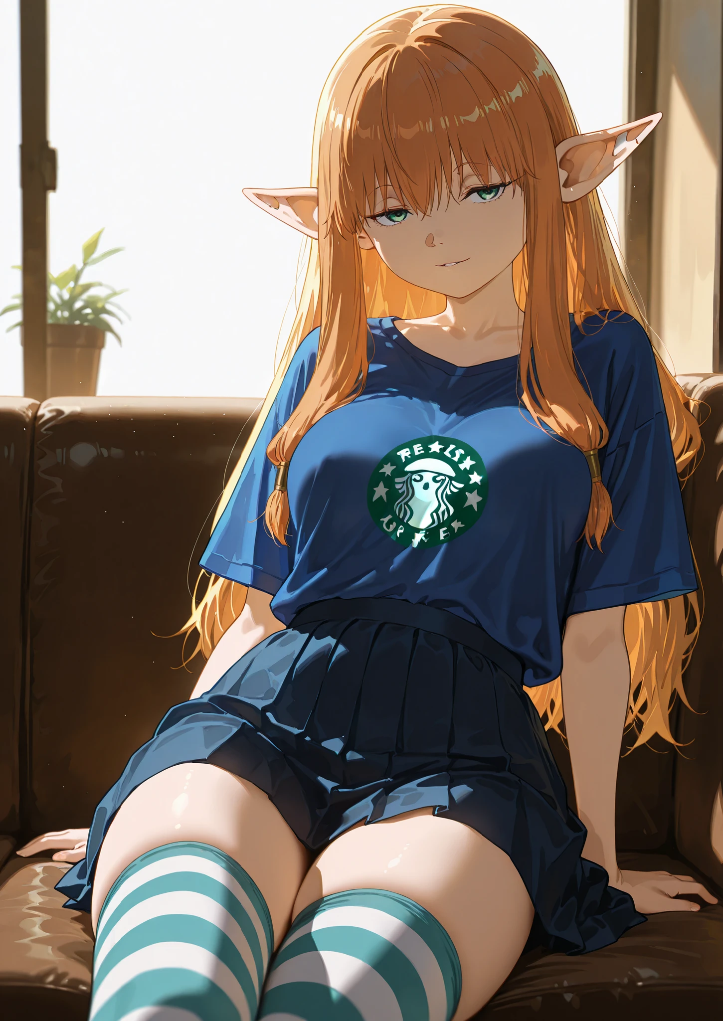 1girl, solo, serie, sousou no frieren, oversized azure t-shirt, plated skirt, striped thigh highs, naturally sagging medium breasts, sitting in a lounge at Starbucks, seductive, sexy erotic pose, alluring atmosphere, beautiful lighting and shadows,BREAK, masterpiece,top quality,warm color,high resolution,high fashion,absurdres extremely,vivid colors,intricate details,best quality,amazing quality,very aesthetic,newest,ultra-detailed,nsfw,