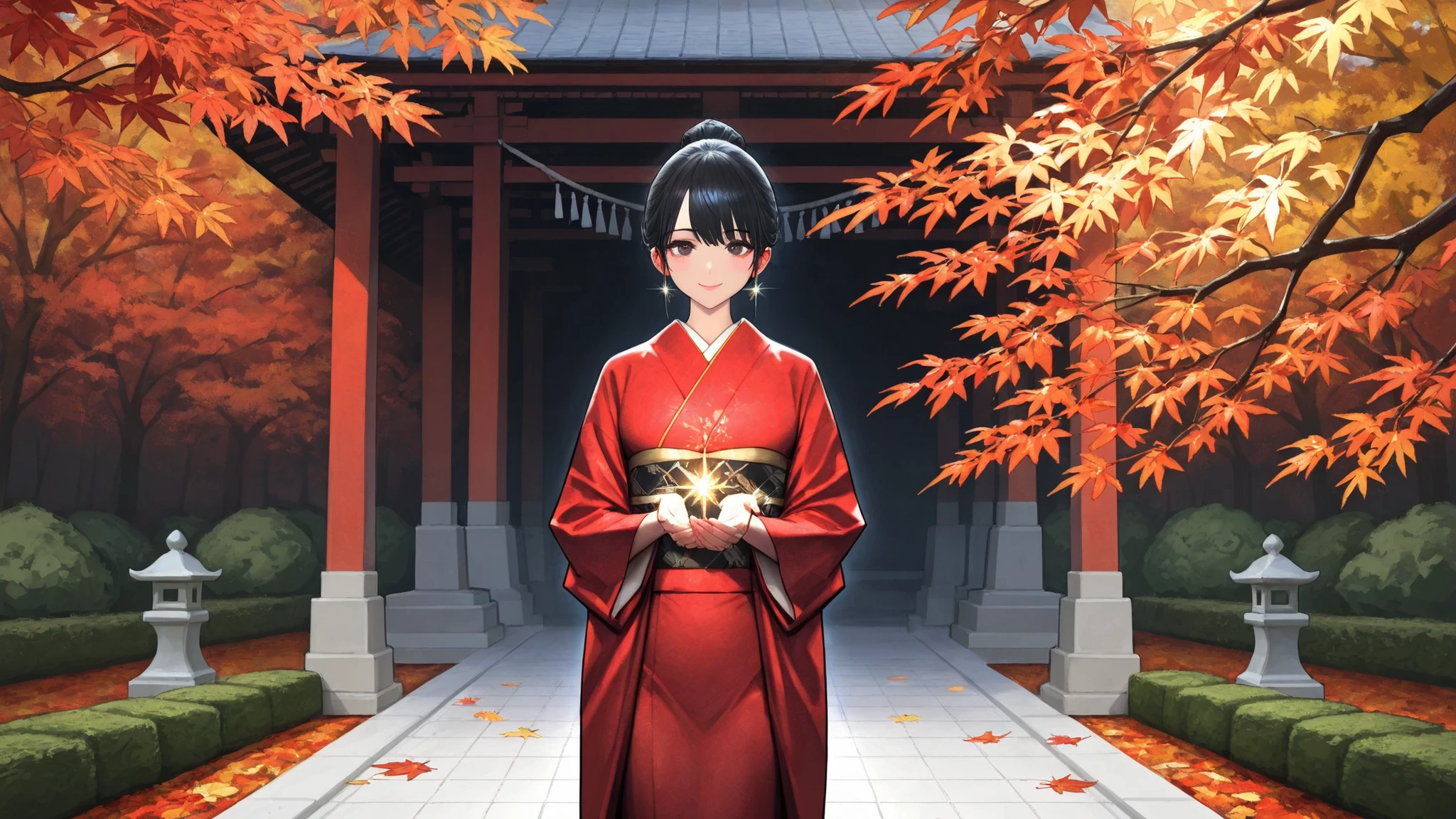 Highest Quality, masterpieces that pass censorship, 8K Wallpaper, Beautiful Woman with Dignified Black Hair, gorgeous Japanese clothes, Garden of Autumn Leaves , Elegant Smile, pearly skin, Long, Flowing Black Hair, Red and Gold Kimono, Sparkling Ornaments , Beautiful Fingertips, Delicate handwork, Dignified Gaze, cold々Intimidating posture, Graceful Standing Figure, Autumn Dusk, Fluttering Autumn Leaves, traditional Japanese garden, Quiet Atmosphere, Delicate Expression of Light, Elegant Makeup , Perfect Proportions