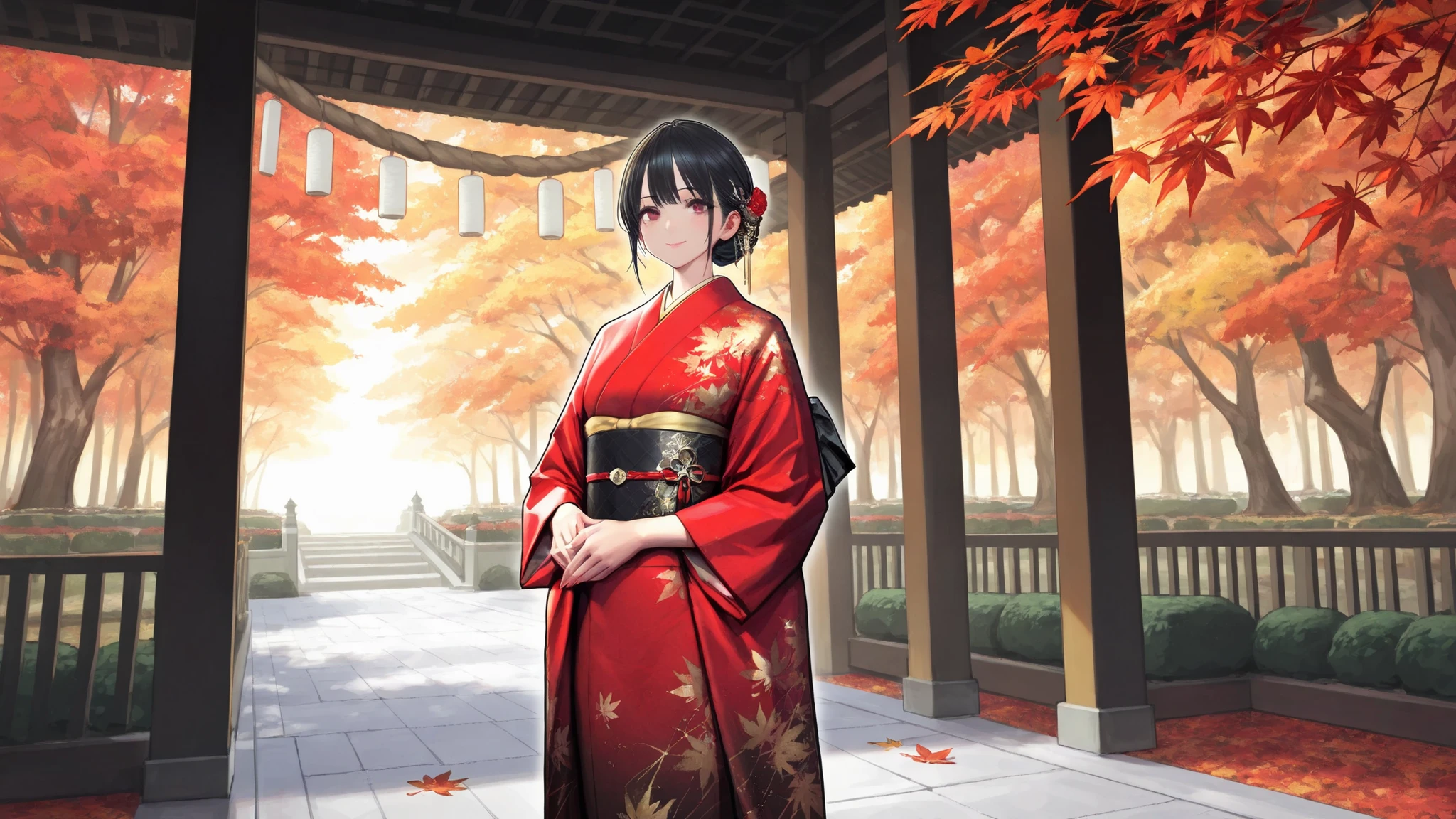 Highest Quality, masterpieces that pass censorship, 8K Wallpaper, Beautiful Woman with Dignified Black Hair, gorgeous Japanese clothes, Garden of Autumn Leaves , Elegant Smile, pearly skin, Long, Flowing Black Hair, Red and Gold Kimono, Sparkling Ornaments , Beautiful Fingertips, Delicate handwork, Dignified Gaze, cold々Intimidating posture, Graceful Standing Figure, Autumn Dusk, Fluttering Autumn Leaves, traditional Japanese garden, Quiet Atmosphere, Delicate Expression of Light, Elegant Makeup , Perfect Proportions