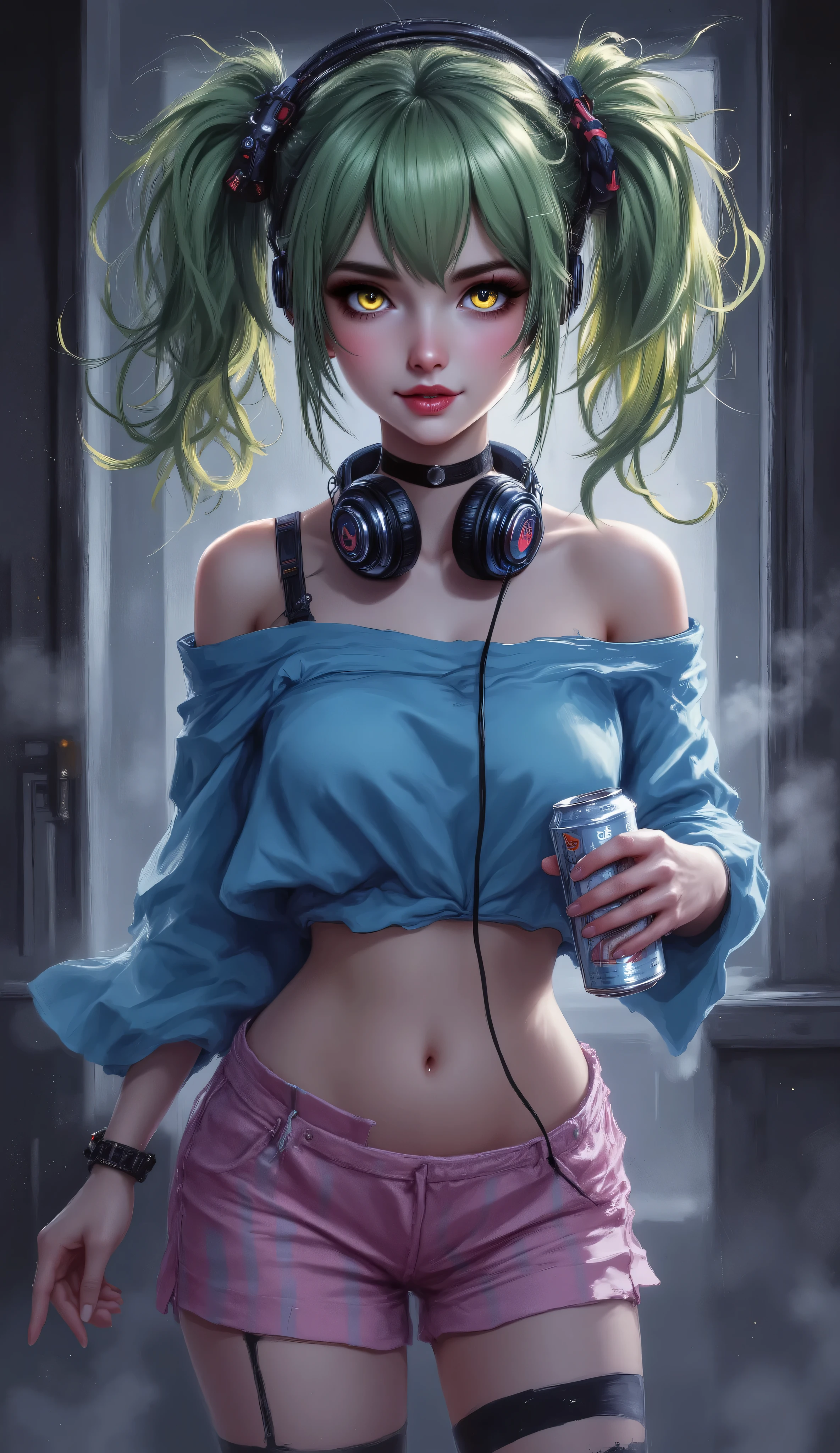 (chiaroscuro, muted colors, abstract background, abstract), zuharu, (best_quality, detailed, masterpiece, very_aesthetic, absurdres), BREAK 1girl, upper_body, adult, abstract background, BREAK headphones_around_neck, headphones, groin, thighhighs, smile, shorts, can, navel, hair_ornament, short_shorts, yellow_eyes, off-shoulder_shirt, twintails, striped, midriff, crop_top, grin, looking_at_viewer, off_shoulder, holding, hairclip, shirt, green_hair, monster_energy, bare_shoulders, scrunchie, holding_can, blue_shirt, striped_thighhighs, pink_shorts, bangs, asymmetrical_legwear, collarbone, sidelocks, single_thighhigh, short_twintails