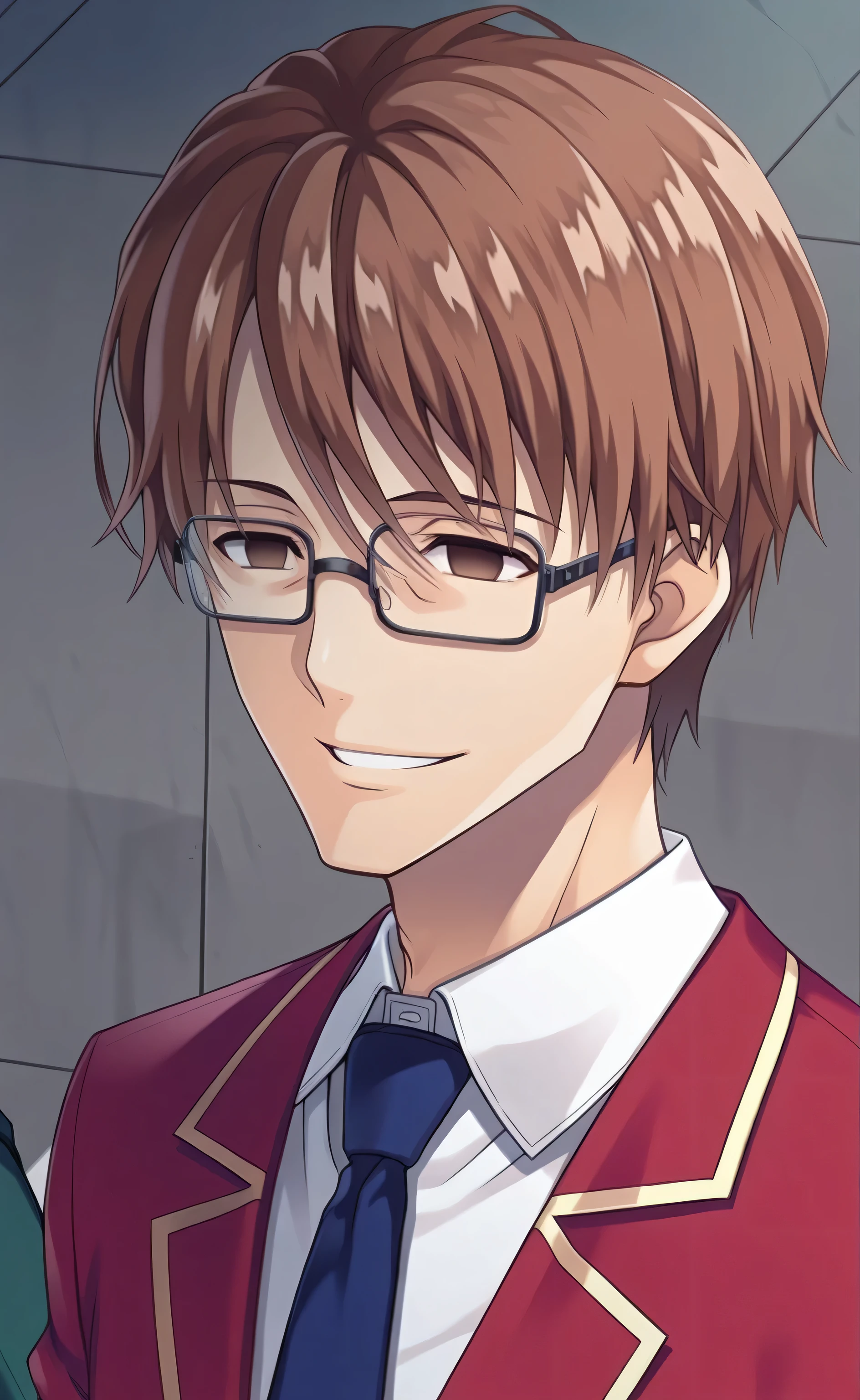 1male, solo, Sōsuke Aizen, brown hair, short hair, brown eyes, empty eyes, square glasses, black glasses,smile, red blazer, blue necktie,white shirt, green pants, school, rooftop, Classroom of the Elite