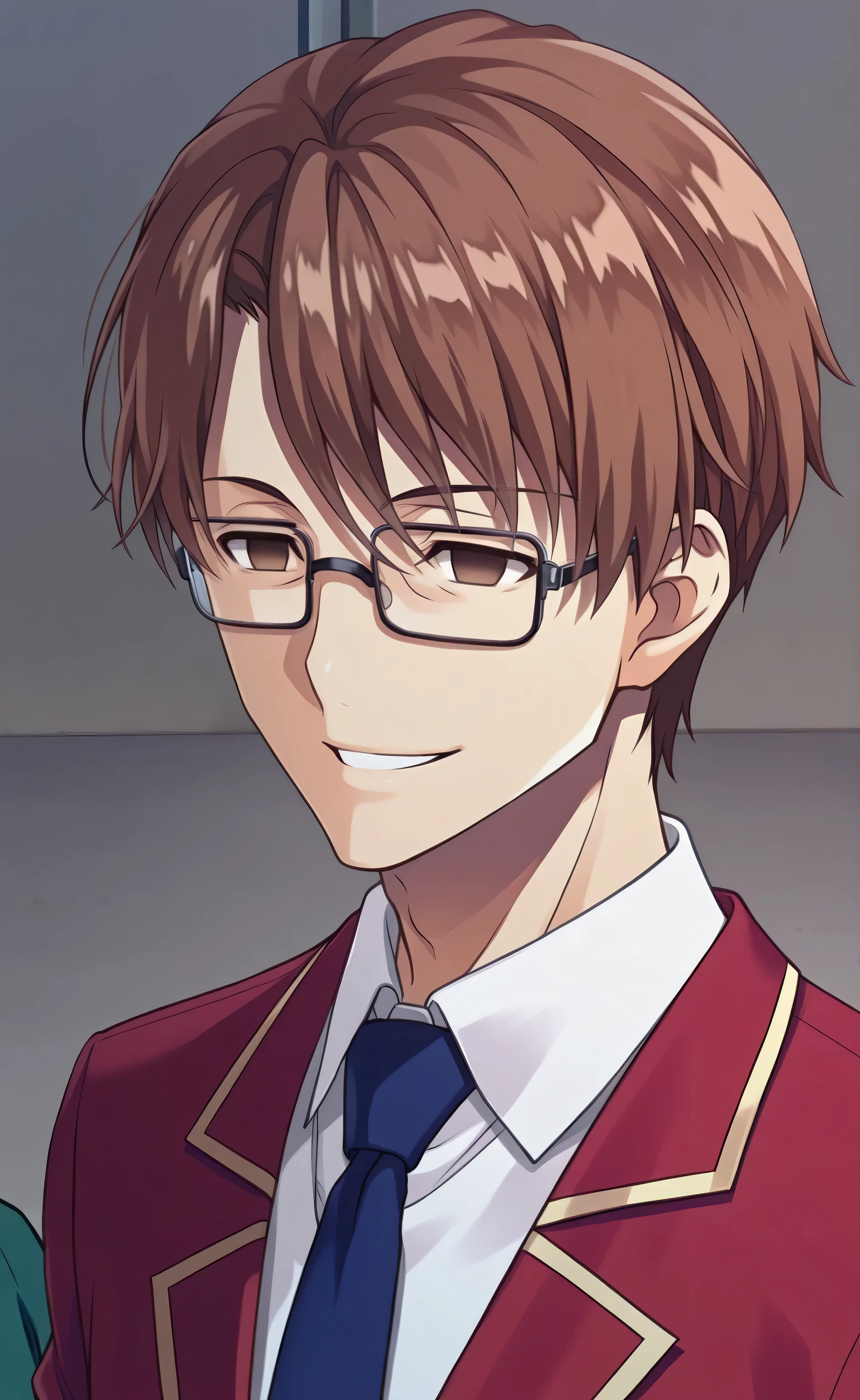 1male, solo, Sōsuke Aizen, brown hair, short hair, brown eyes, empty eyes, square glasses, black glasses,smile, red blazer, blue necktie, white shirt, green pants, school, rooftop, Classroom of the Elite