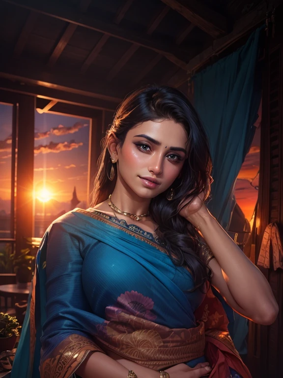 Girl with blue sari Indian wedding background