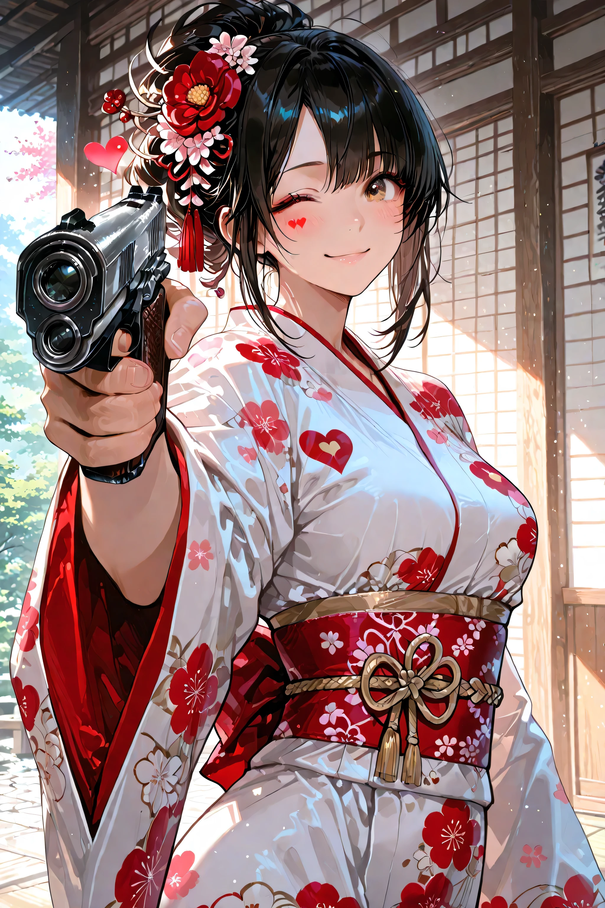 masterpiece、highest resolution、Handgun in the right hand、Make a heart mark with your left hand with your finger、Close One Eye and Wink、Smiling Kimono Killer、details、Highest Quality