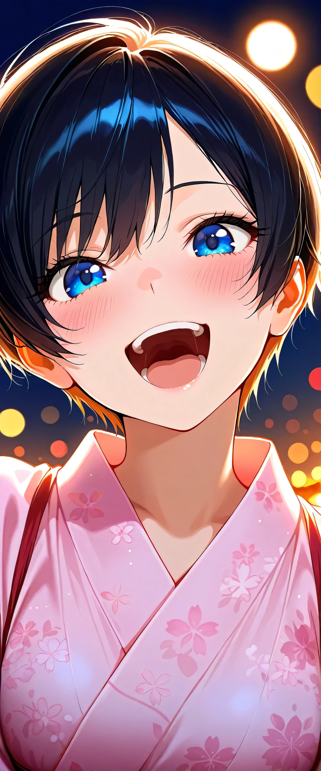 (Open your mouth wide:1.5),(beautiful girl: 1.3),1girl,masterpiece, Highest quality, Ultra-high resolution,rich contrast,super high quality,8k,Highly detailed CG unit wallpaper,texture,Incredibly absurd,Ultra-high resolution,RAW Photos,Depth of Field 1.2,Ultra-detailed eyes,blue eyes,round eyes,black hair,pixie cut,weak,((blush)),pink yukata,Circular Bokeh,(backlight:1.3),light smile,tilt your head,night,maorix,night festival,smile,closed mouth
