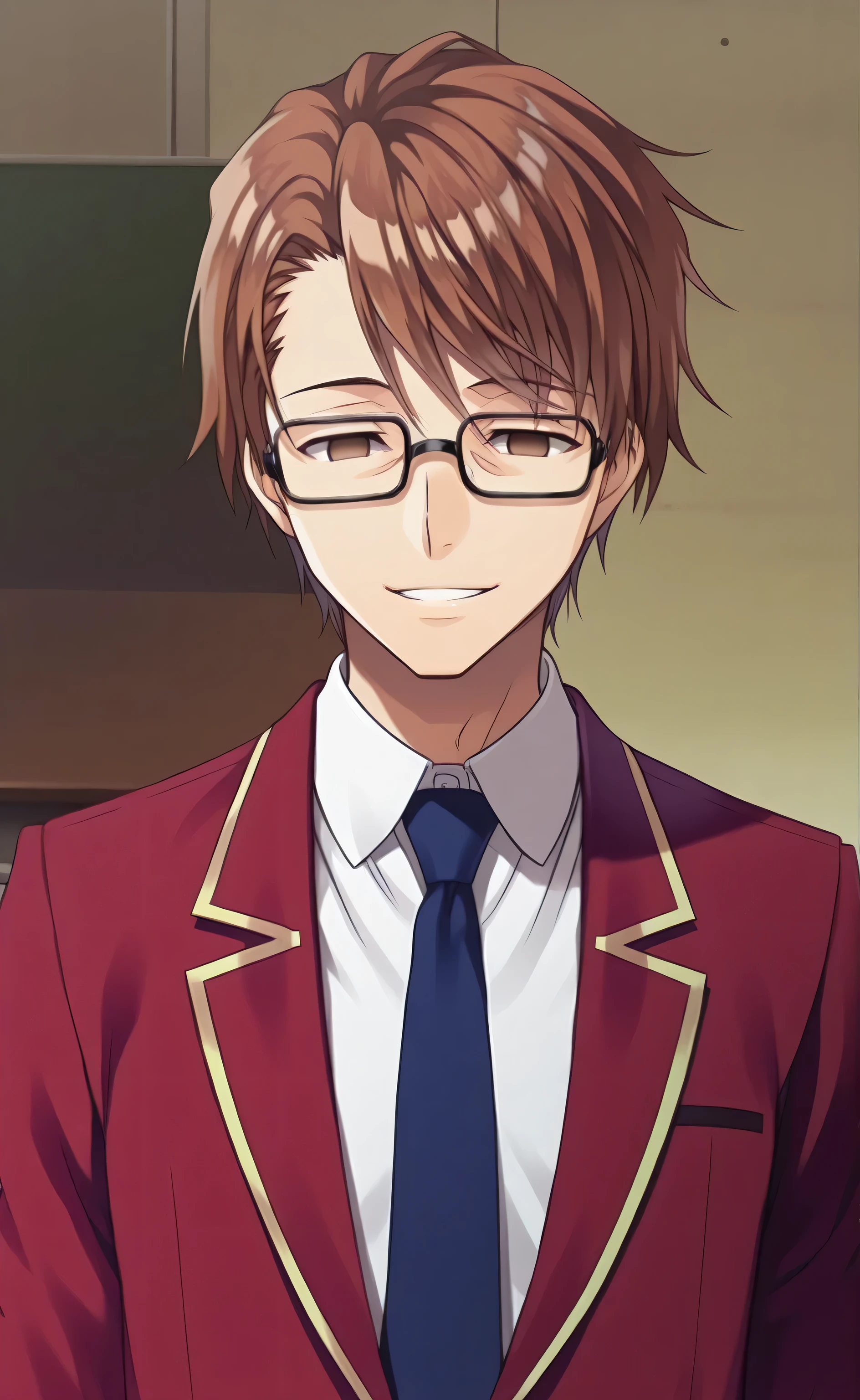 1male, solo, Sōsuke Aizen, brown hair, short hair, brown eyes, empty eyes, square glasses, black glasses, smile, tooth, red blazer, blue necktie, white shirt, green pants, school, rooftop, Classroom of the Elite