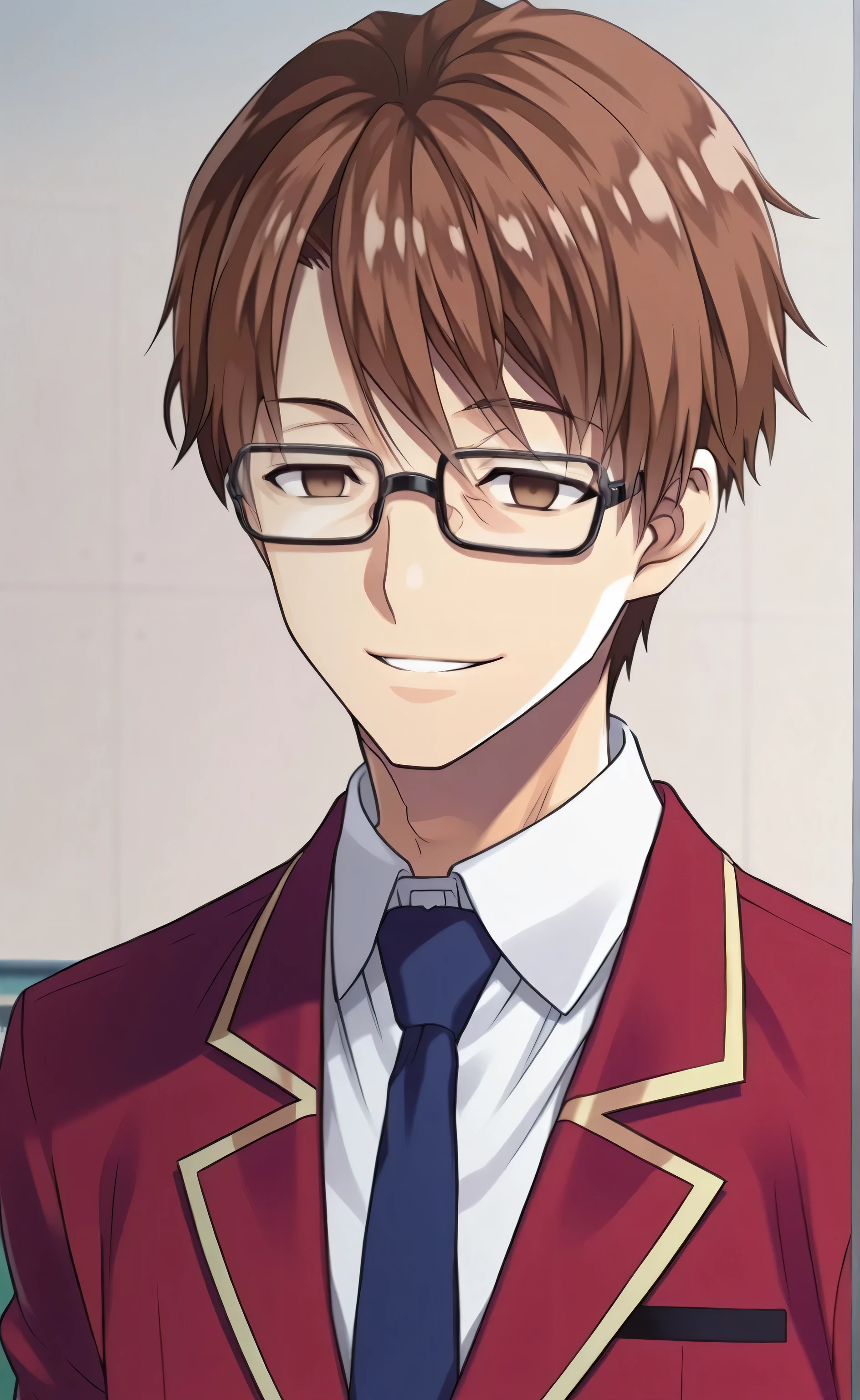 1male, solo, Sōsuke Aizen, brown hair, short hair, brown eyes, empty eyes, square glasses, black glasses, smile, tooth, red blazer, blue necktie, white shirt, green pants, school, rooftop, Classroom of the Elite