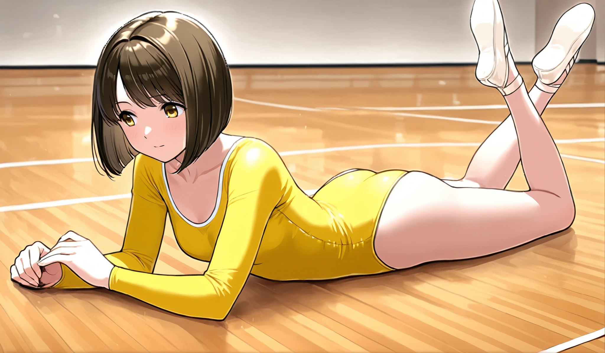 1 girl under school uniform　yellow leotard　Long Sleeve Leotard　Rhythmic gymnastics　bob hair　 in practice　Ballet Shoes　gymnasium,  prone, on stomach,