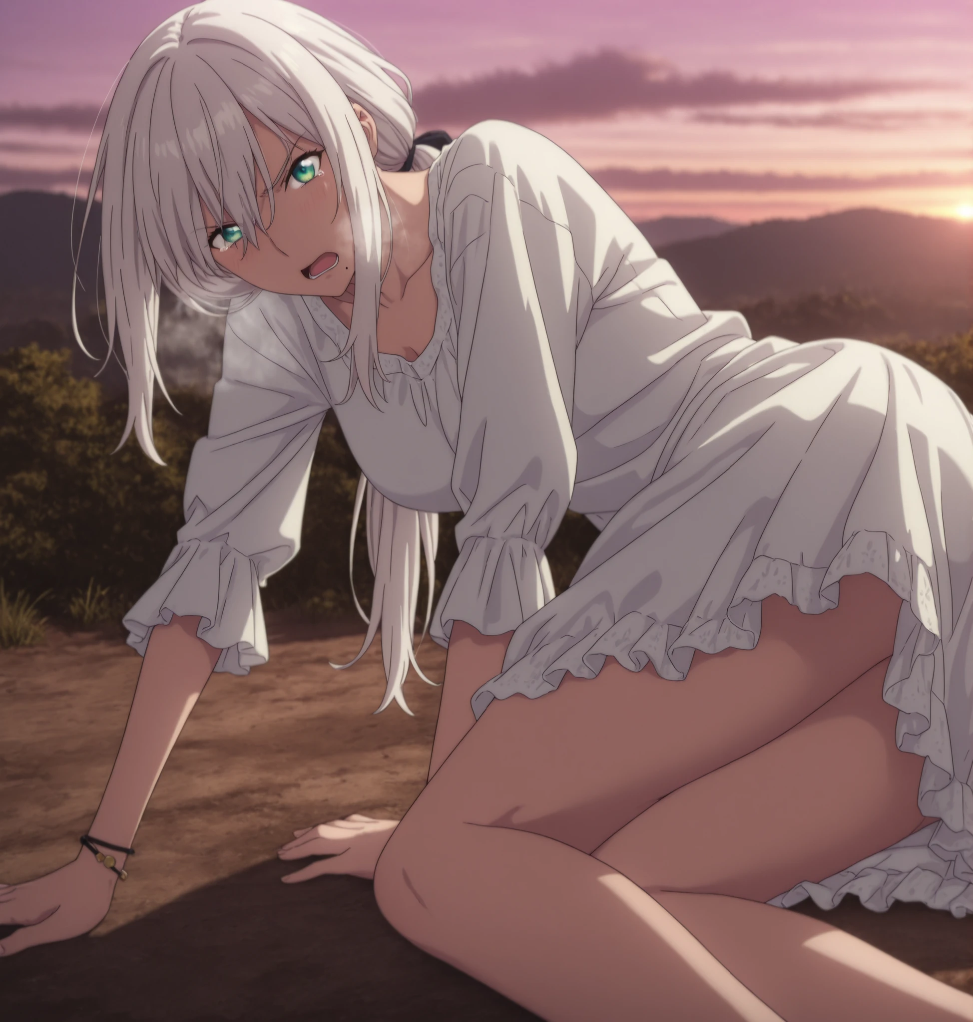 masterpiece, best quality, amazing quality, highres, absurdres, very aesthetic, high resolution,  ,ultra detailed, perfect details, from above, 1girl, solo, outdoors,(detailed background:1.2),(()),((dawn, ))pink sky,  , minami kano, long hair, low ponytail, white hair, long bangs, , green blue eyes, (detailed beautiful eyes), bracelet, (lolita fashion),white shirt ,(medium breasts), , (aged up:1.5),(on side), looking at viewer, (anime coloring), , pose, , head tilt, slim body, slender body, slim arms, long legs, pale skin, , mole under mouth, one mole, wind lift, hand on ground, ass up, leaning forward, angry, frown, heavy breath, open mouth, light embarrassed, tears