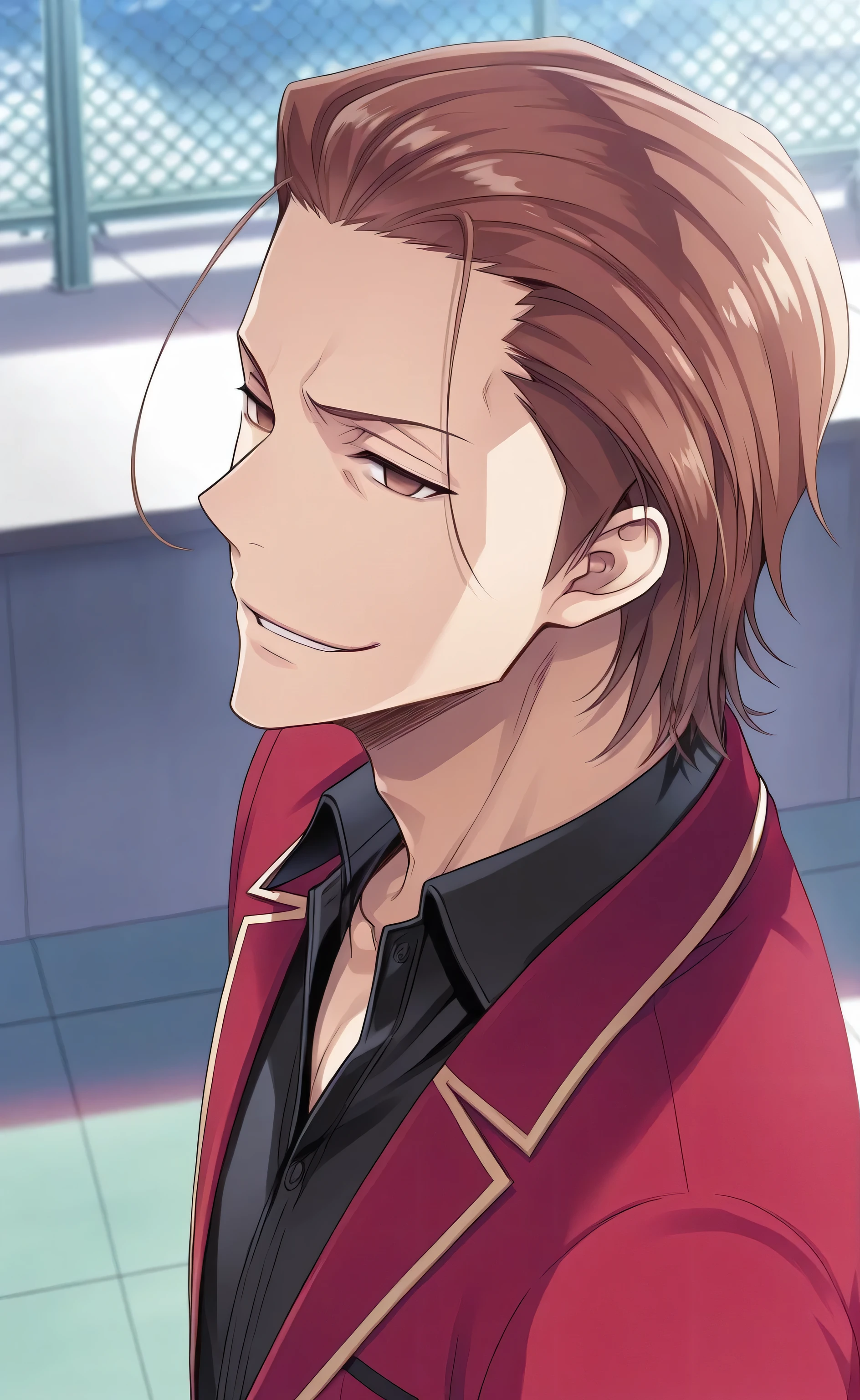 1male, solo, Aizen Sōsuke, brown hair, short hair, slicked back hair, brown eyes, empty eyes, smirk, red blazer, black shirt, male focus, school, rooftop, Classroom of the Elite