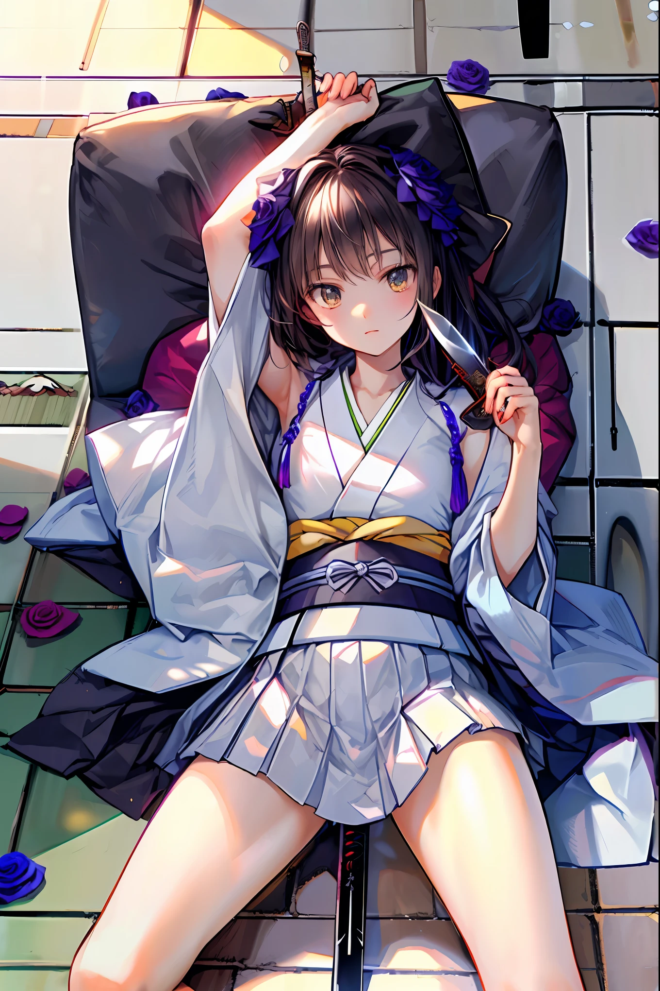 Highest Quality, face focus, soft lights, ultra high res, (photorealistic:1.4), Original Artwork,(((((Japanese sword 1.2))))),Rose Assassin,(((((Black roses all over the floor:1.4))))), seen from above, solo, cute, (pupil, individual eye light), Motorcycle Rocket Cowl Modification, (Tiny Chest),(human skin texture high resolution detail), (Boro-Yado's Long Hair), Sit Couch, School Uniform, charcoal vest, skirt, (Upper Thigh)