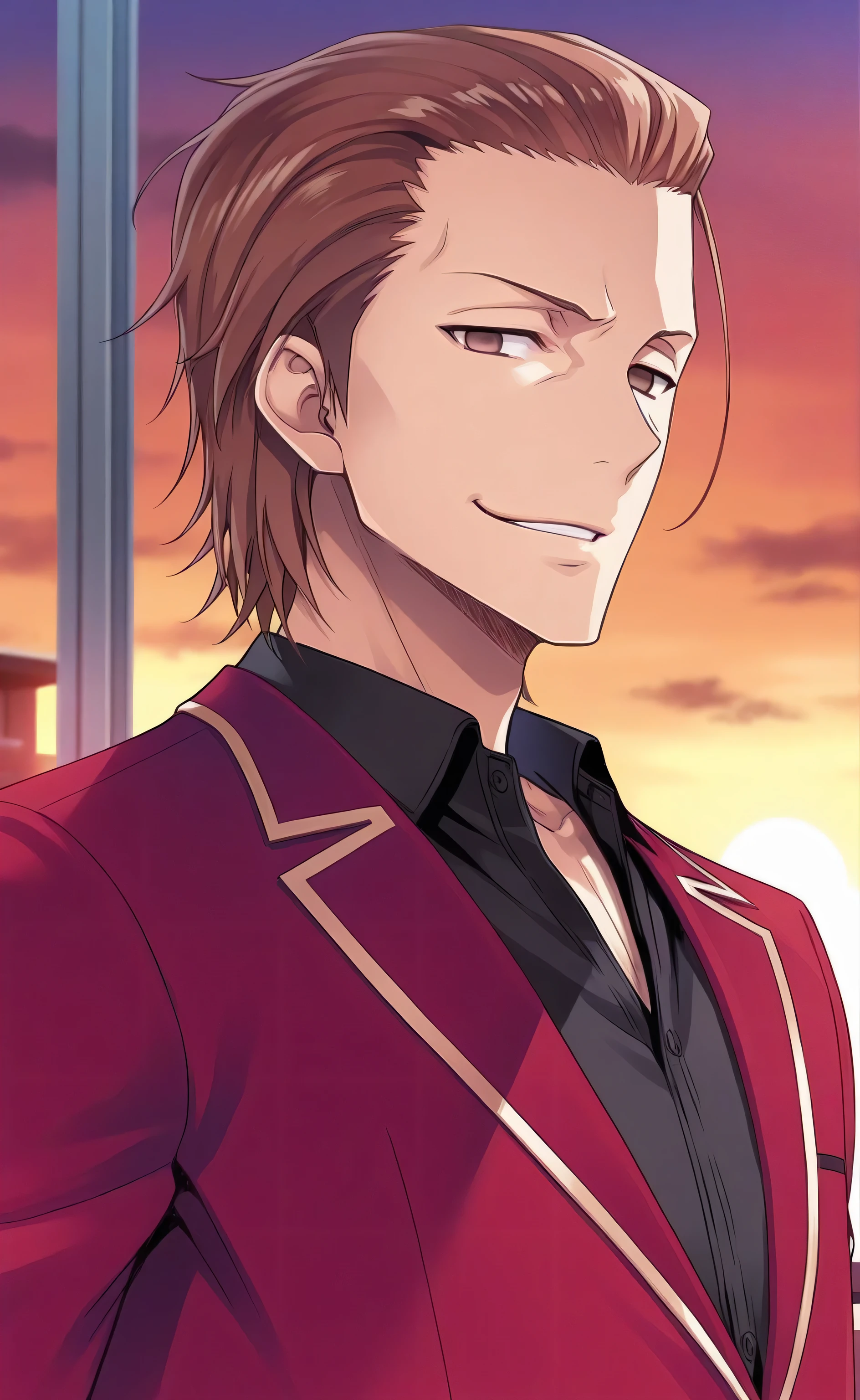 1male, solo, Aizen Sōsuke, brown hair, short hair, slicked back hair, brown eyes, empty eyes, smirk, red blazer, black shirt, male focus, school, rooftop, sunset,Classroom of the Elite
