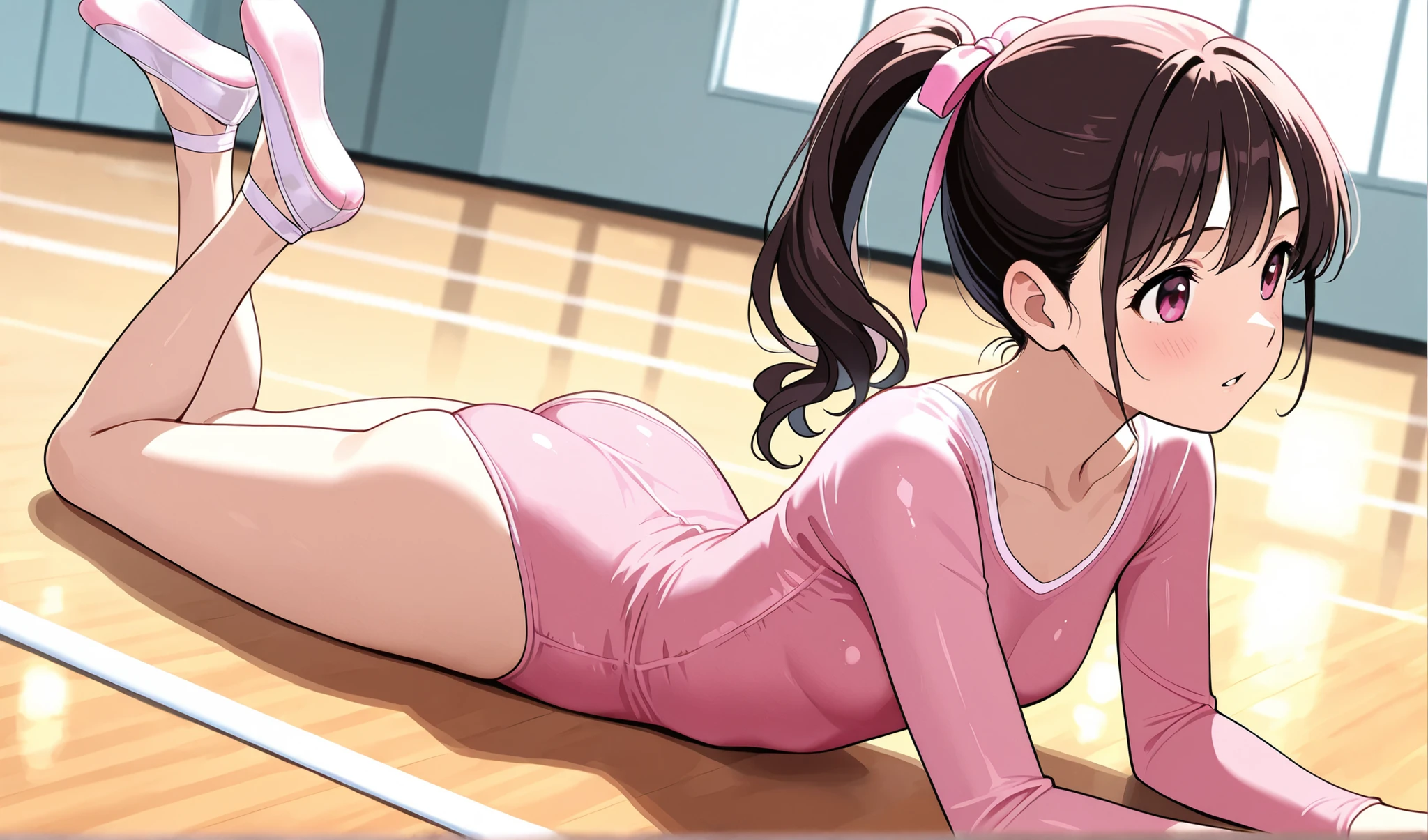 1 girl under school uniform　pink leotards　Long Sleeve Leotard　Rhythmic gymnastics　ponytail from the front　 in practice　Ballet Shoes　gymnasium,  prone, on stomach,