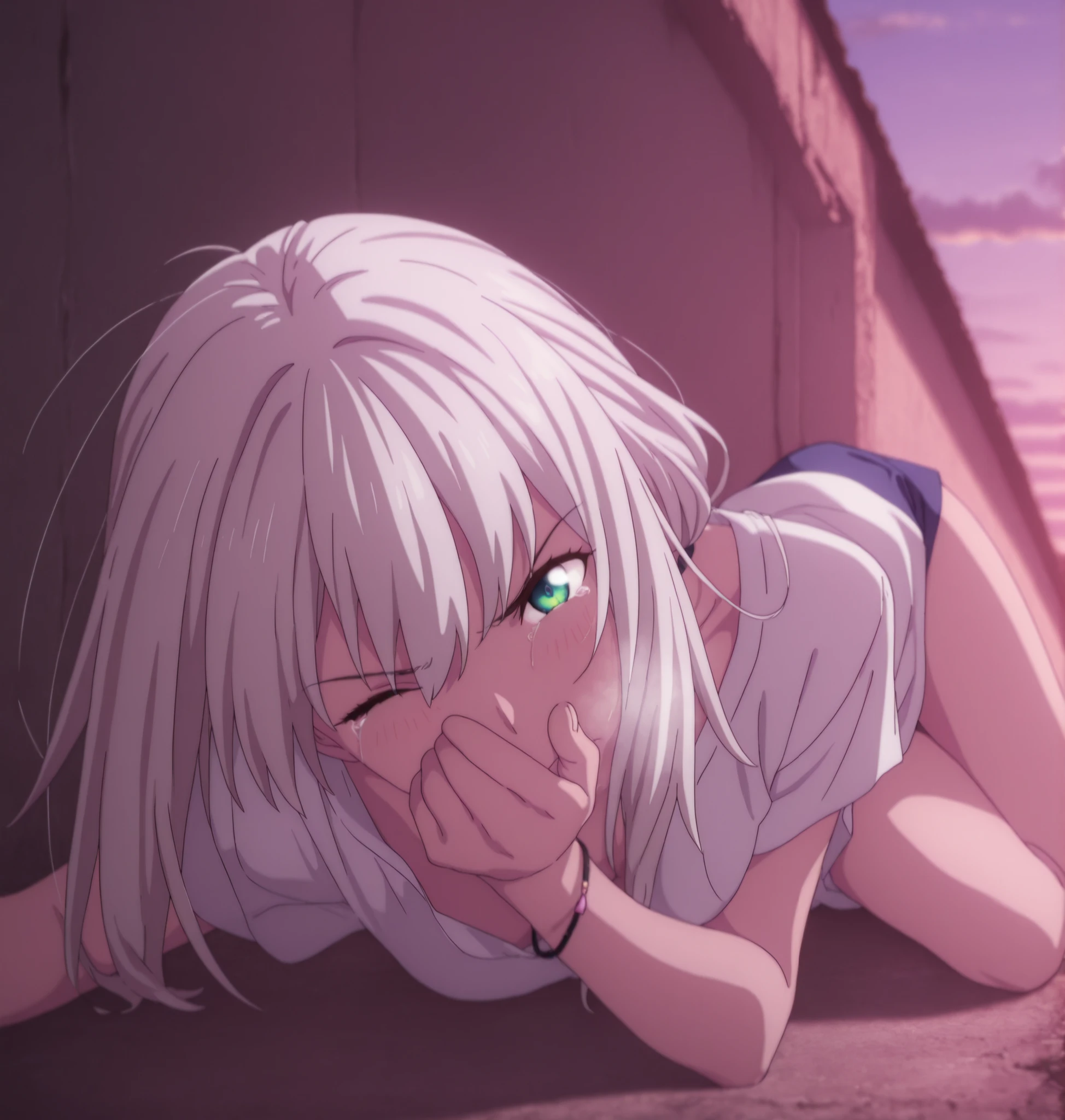 masterpiece, best quality, amazing quality, highres, absurdres, very aesthetic, high resolution,  ,ultra detailed, perfect details, from above, from side, 1girl, solo, outdoors,(detailed background:1.2),(()),((dawn, ))pink light, minami kano, long hair, low ponytail, white hair, long bangs, , green blue eyes, (detailed beautiful eyes), bracelet, (lolita fashion),white shirt ,(small breasts), , (aged up:1.5),(on side), looking at viewer, (anime coloring), , pose, , head tilt, slim body, slender body, slim arms, long legs, pale skin,(covering mouth), wind lift, hand on ground, hip up, leaning forward, angry, frown, heavy breath, wince , light embarrassed, tears,