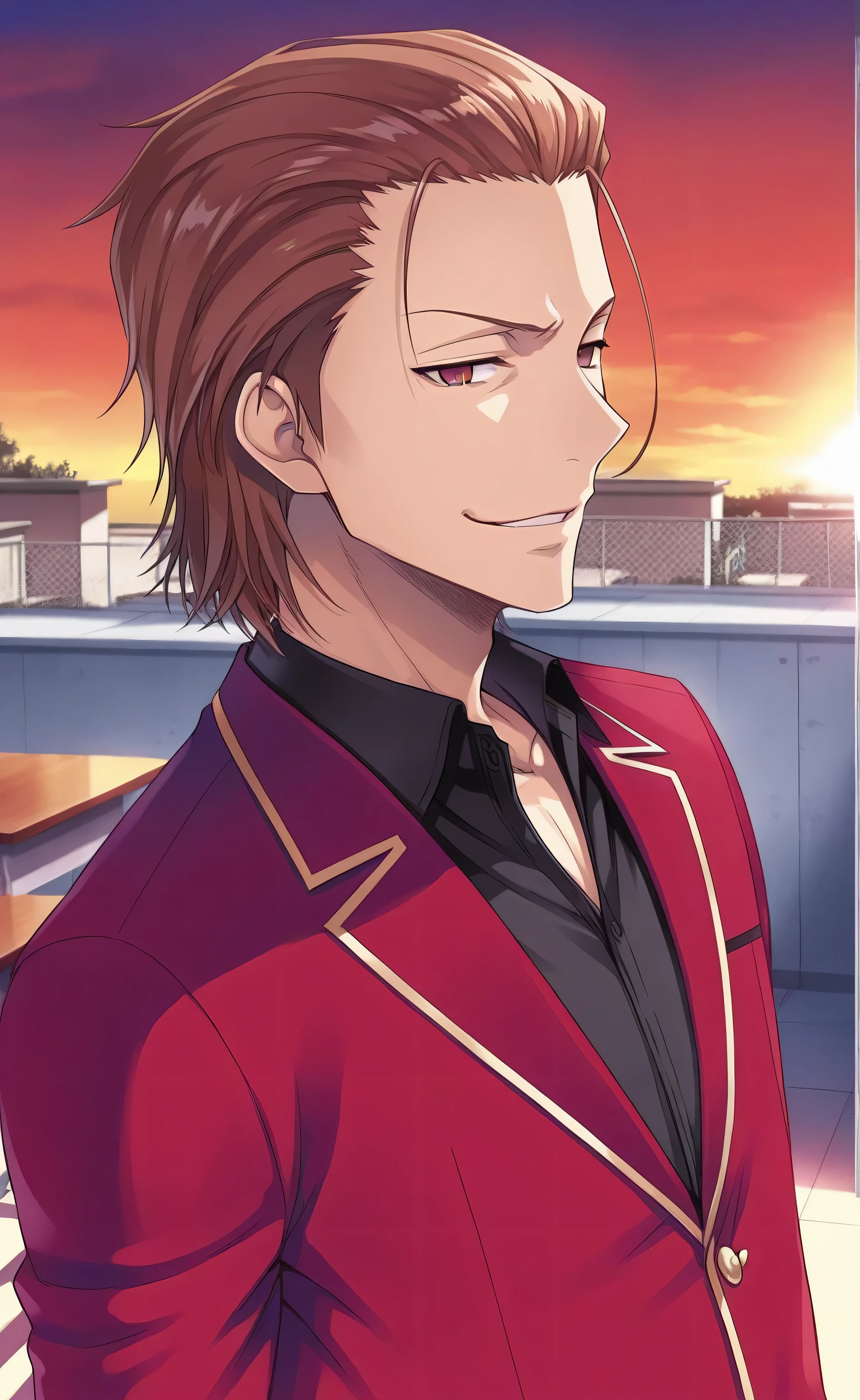 1male, solo, Aizen Sōsuke, brown hair, short hair, slicked back hair, brown eyes, empty eyes, smirk, red blazer, black shirt, male focus, school, rooftop, sunset,Classroom of the Elite