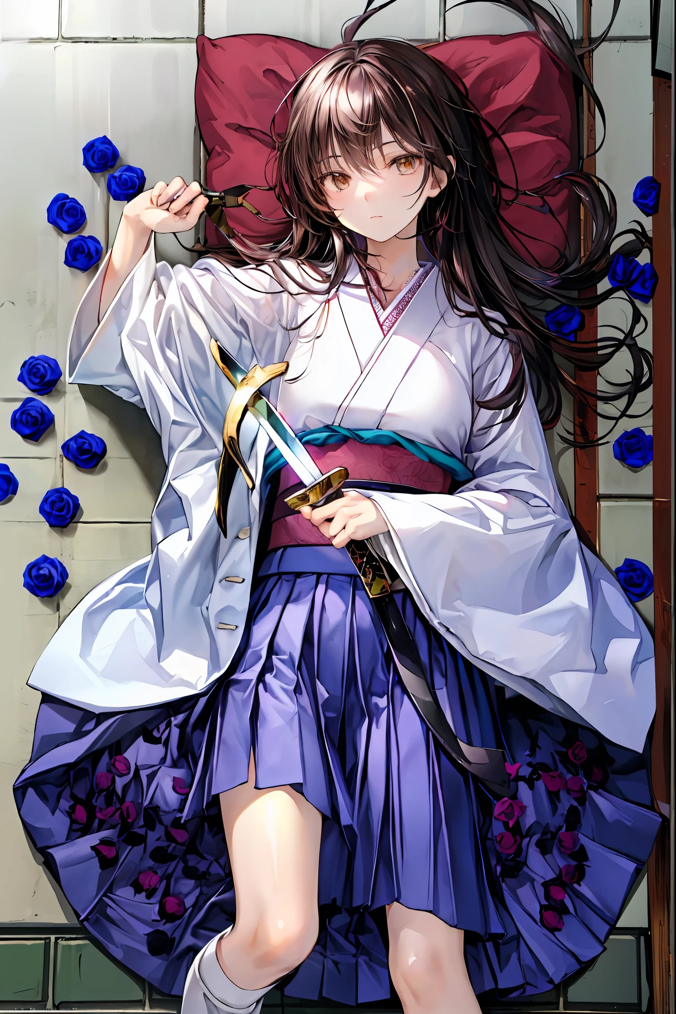 Highest Quality, face focus, soft lights, ultra high res, (photorealistic:1.4), Original Artwork,(((((Japanese sword 1.2))))),Rose Assassin,(((((Black roses all over the floor:1.4))))), seen from above, solo, cute, (pupil, individual eye light), Motorcycle Rocket Cowl Modification, (Tiny Chest),(human skin texture high resolution detail), (Boro-Yado's Long Hair), Sit Couch, School Uniform, charcoal vest, skirt, (Upper Thigh)