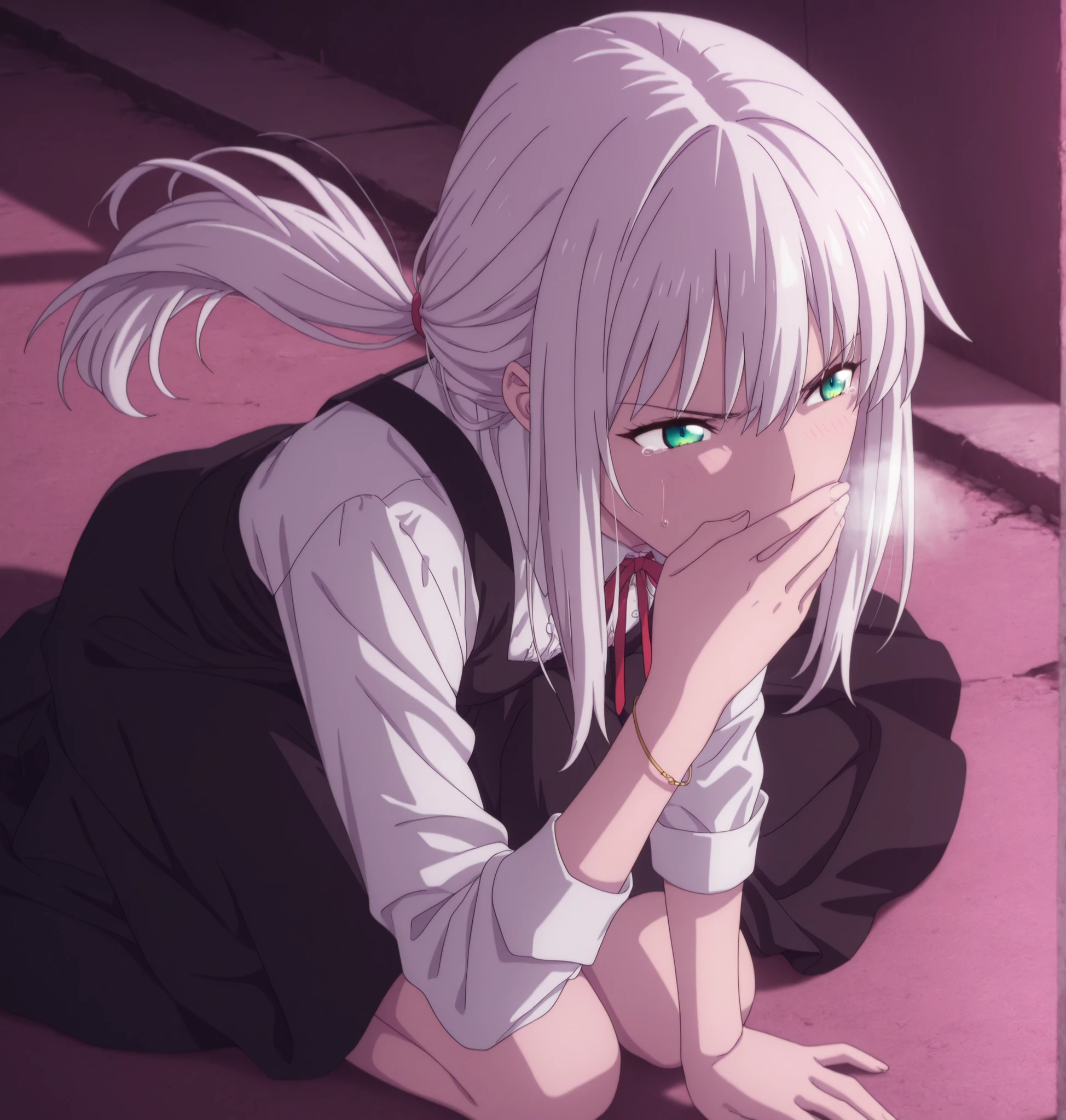 masterpiece, best quality, amazing quality, highres, absurdres, very aesthetic, high resolution, ,ultra detailed, perfect details, from above, from side, 1girl, solo, outdoors,(detailed background:1.2),(()),((dawn, ))pink light, minami kano, long hair, low ponytail, white hair, long bangs, , green blue eyes, (detailed beautiful eyes), bracelet, (lolita fashion),white shirt ,(small breasts), , (aged up:1.5),(seiza ,leaning forward), looking away, (anime coloring), , pose, , head tilt, slim body, slender body, slim arms, long legs, pale skin,(covering mouth), wind lift, hand on ground, hip up, , angry, frown, heavy breath, wince , light embarrassed, tears,