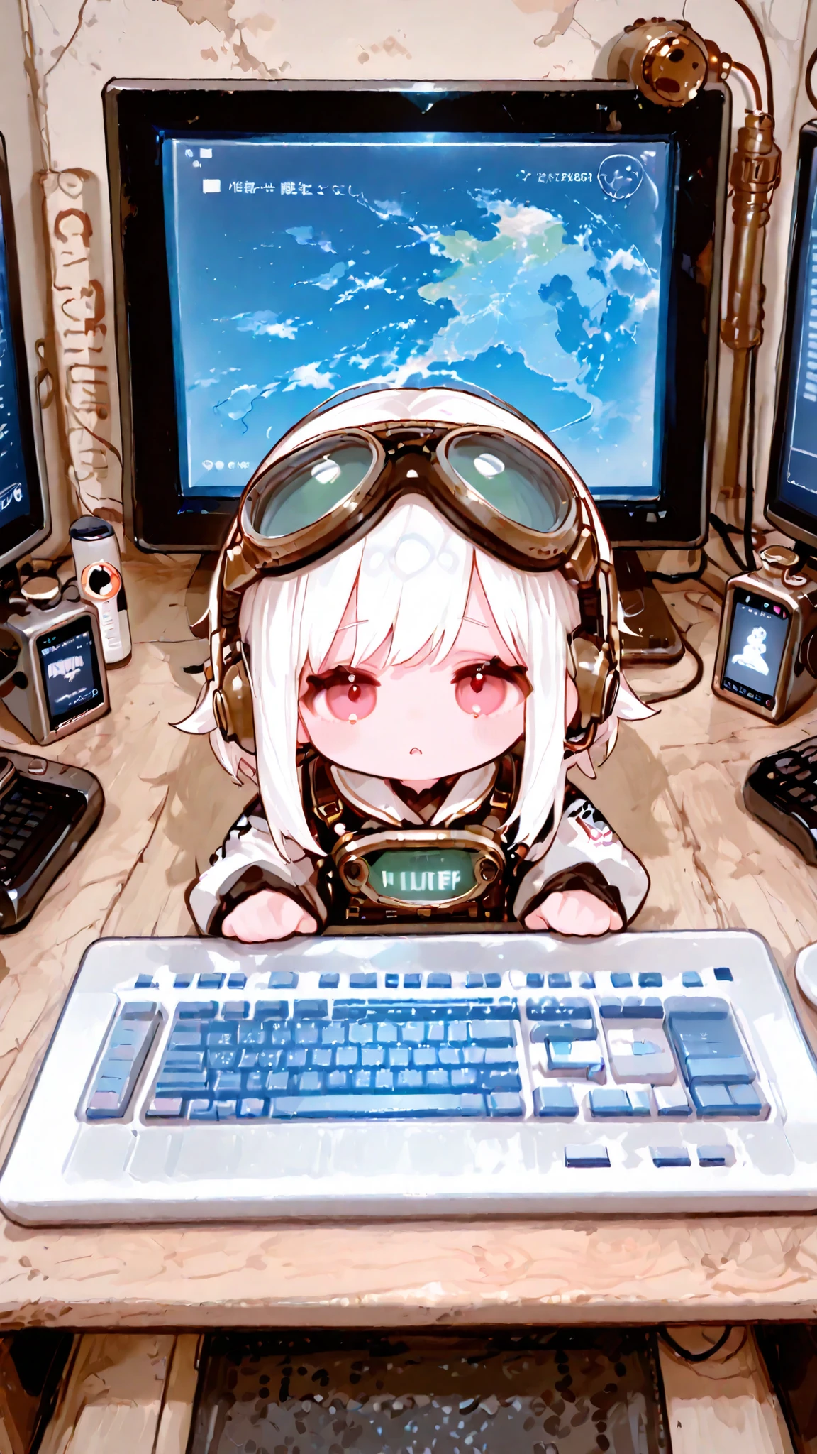 1girl,chibi style,Petite cartoon,the best hacker girl in the world、computer、(Typing on a keyboard)、Background world map、that girl is the center、(computer monitor:1.3),Deformed Characters,on a