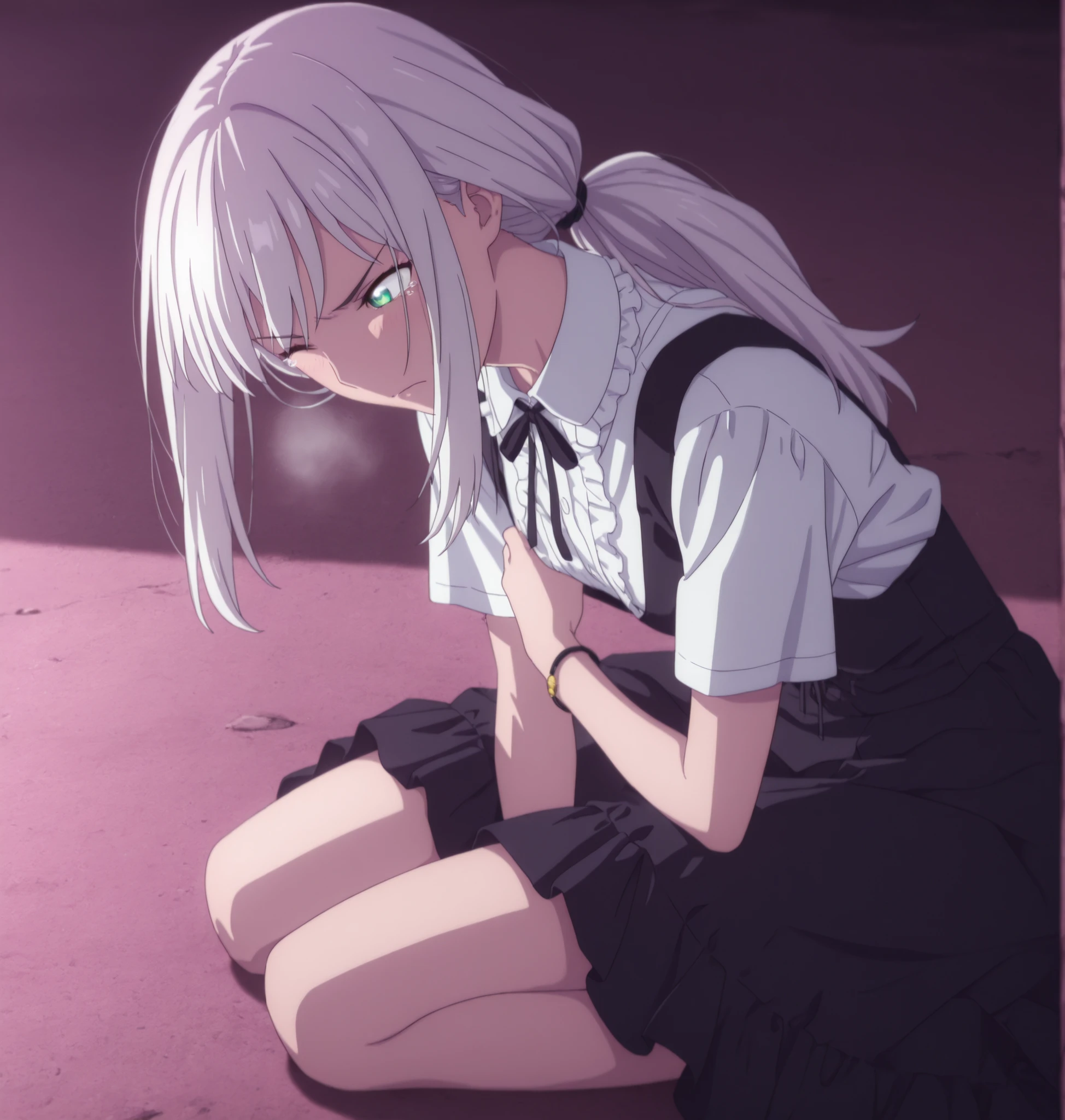 masterpiece, best quality, amazing quality, highres, absurdres, very aesthetic, high resolution,  ,ultra detailed, perfect details, from above, from side, 1girl, solo, outdoors,(detailed background:1.2),(()),((dawn, ))pink light, minami kano, long hair, low ponytail, white hair, long bangs, , green blue eyes, (detailed beautiful eyes), bracelet, (lolita fashion),white shirt ,(small breasts), , (aged up:1.5),(seiza ,leaning forward), looking away, (anime coloring), , pose, , head tilt, slim body, slender body, slim arms, long legs, pale skin,(grab chest), wind lift, hand on ground, hip up, , angry, frown, heavy breath, wince , light embarrassed, tears,