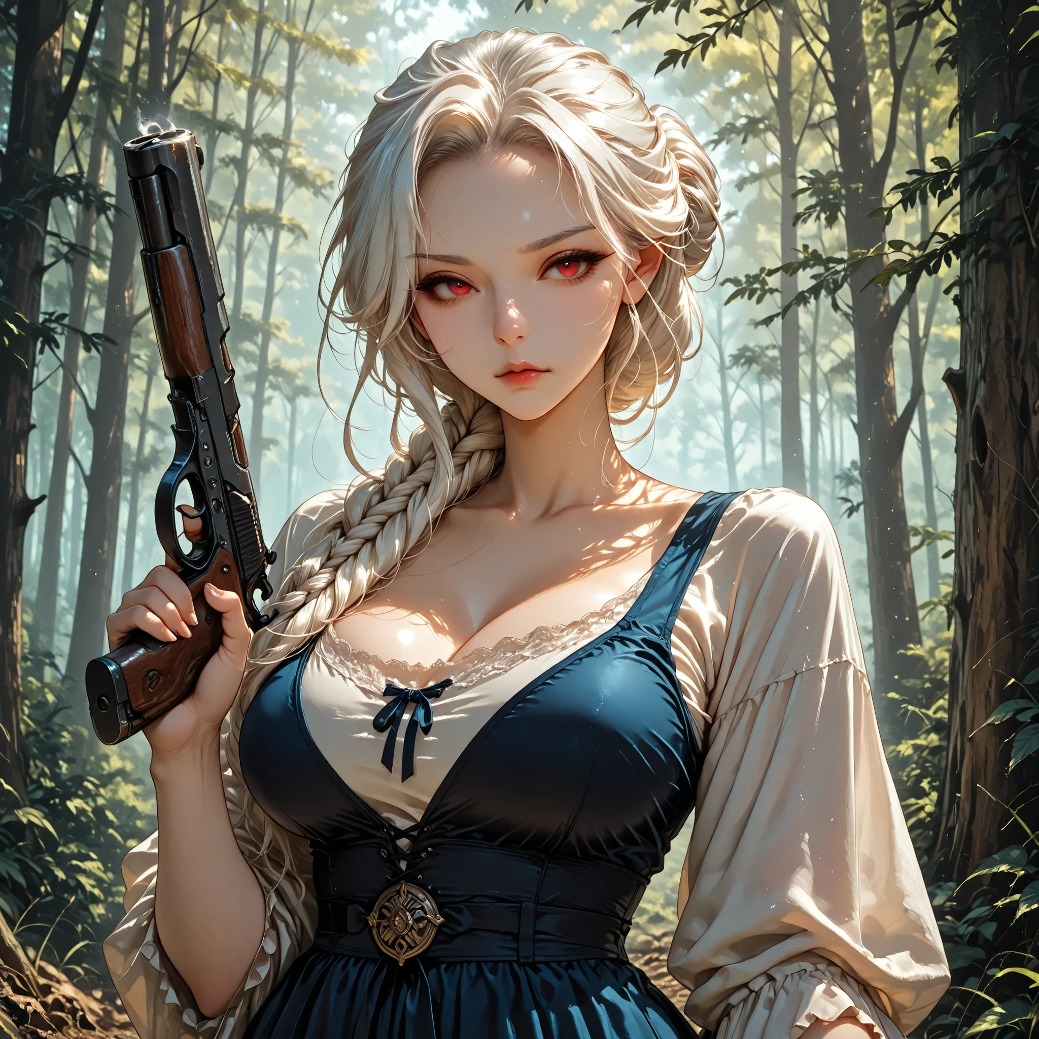 UHD, masterpiece, anatomically correct, super detail, best quality, high-res, 16k, solo, 1girl, Mature woman, long white hair braid over shoulder bun, red eyes, little make up, long white eyelashes, white eyebrows, stern face, crude blue peasant clothes, DDD cup size, slender figure, 2 flintlocks pistols, Weapon, holding, gun, holding gun, holding weapon, forest background