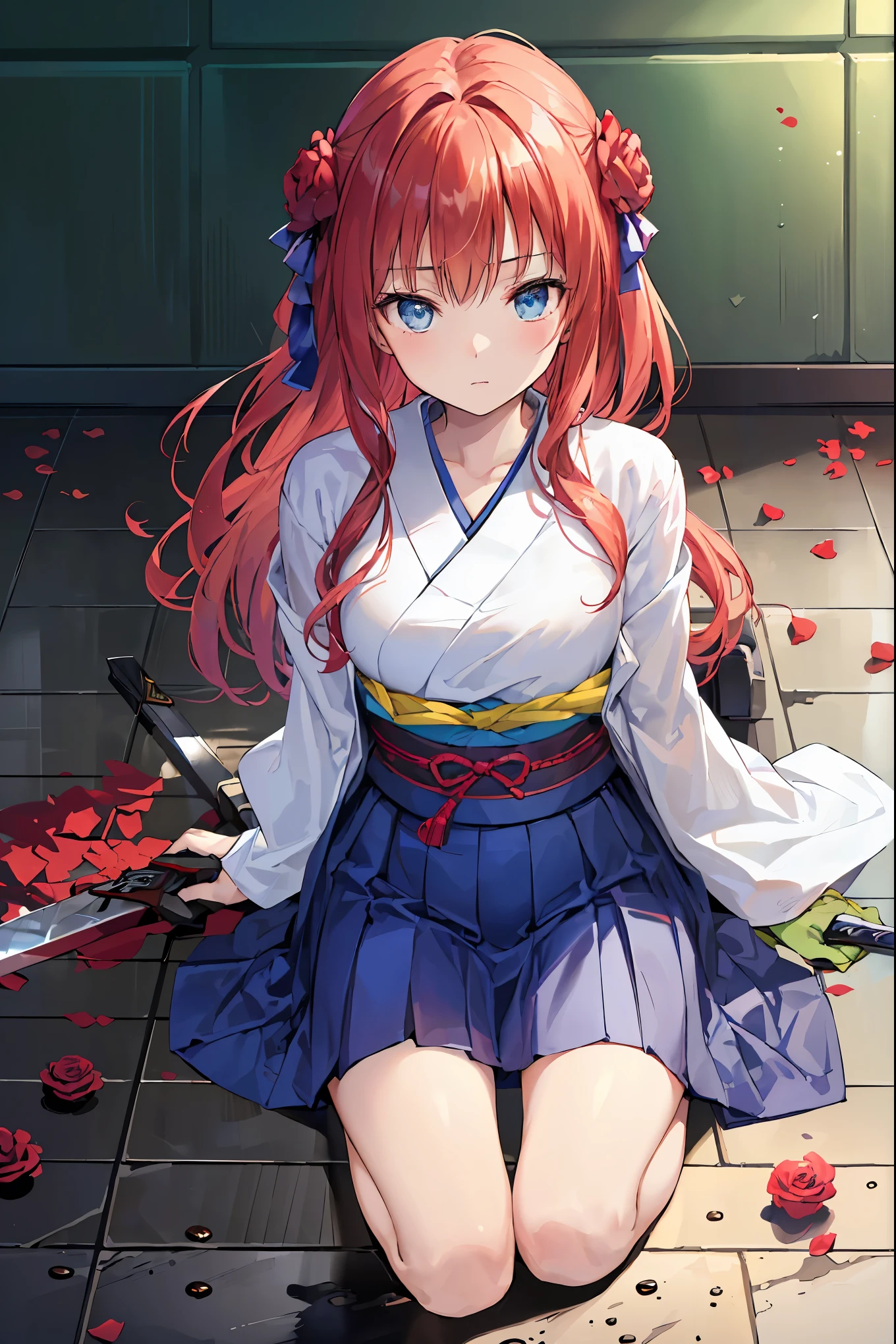 Highest Quality, face focus, soft lights, ultra high res, (photorealistic:1.4), Original Artwork,(((((Japanese sword 1.2))))),Rose Assassin,(((((Blue roses are spread all over the floor:1.4))))), seen from above, solo, cute, (pupil, individual eye light), Motorcycle Rocket Cowl Modification, (Tiny Chest),(human skin texture high resolution detail), (Boro-Yado's Long Hair), Sit Couch, School Uniform, charcoal vest, skirt, (Upper Thigh)