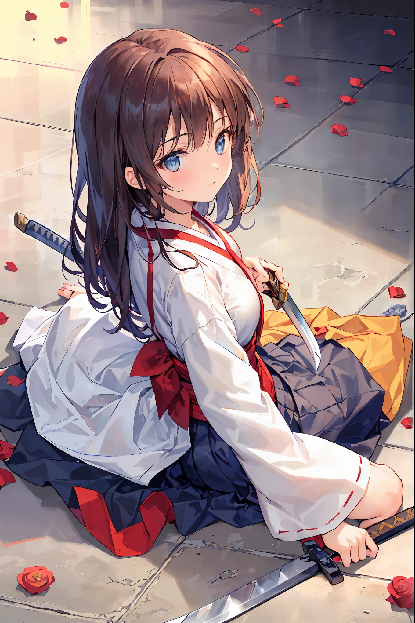 Highest Quality, face focus, soft lights, ultra high res, (photorealistic:1.4), Original Artwork,(((((Japanese sword 1.2))))),Rose Assassin,(((((Blue roses are spread all over the floor:1.4))))), seen from above, solo, cute, (pupil, individual eye light), Motorcycle Rocket Cowl Modification, (Tiny Chest),(human skin texture high resolution detail), (Boro-Yado's Long Hair), Sit Couch, School Uniform, charcoal vest, skirt, (Upper Thigh)